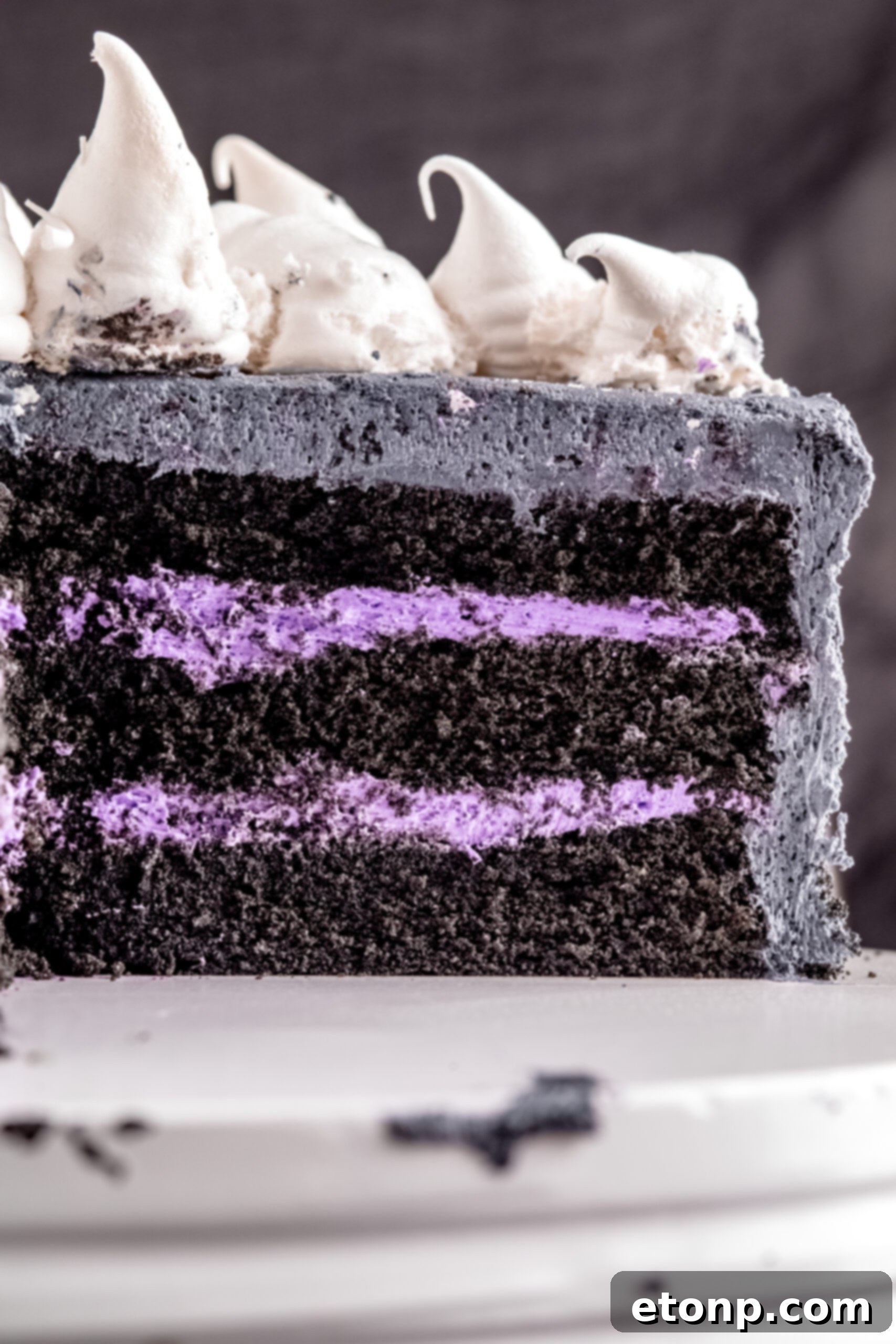A side view of the cut Halloween Cake showing the black and purple layers. 
