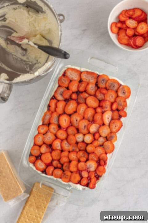 Layers of cheesecake mixture, strawberry preserves, and fresh strawberries being assembled.