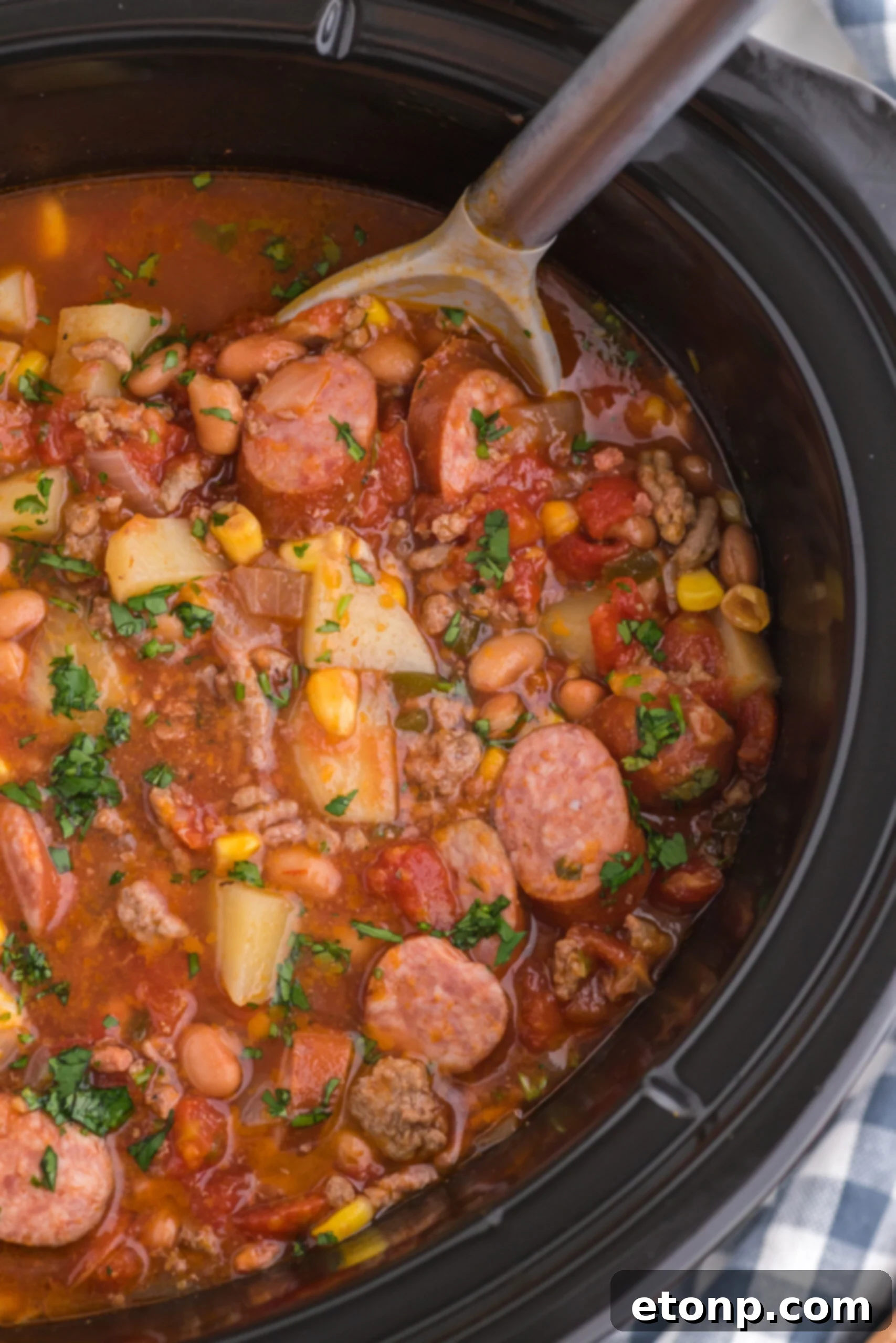 Hearty Lone Star Slow Cooker Stew 2 Close up view of Slow Cooker Texas Cowboy Stew in a crockpot, showing rich, bubbling texture.