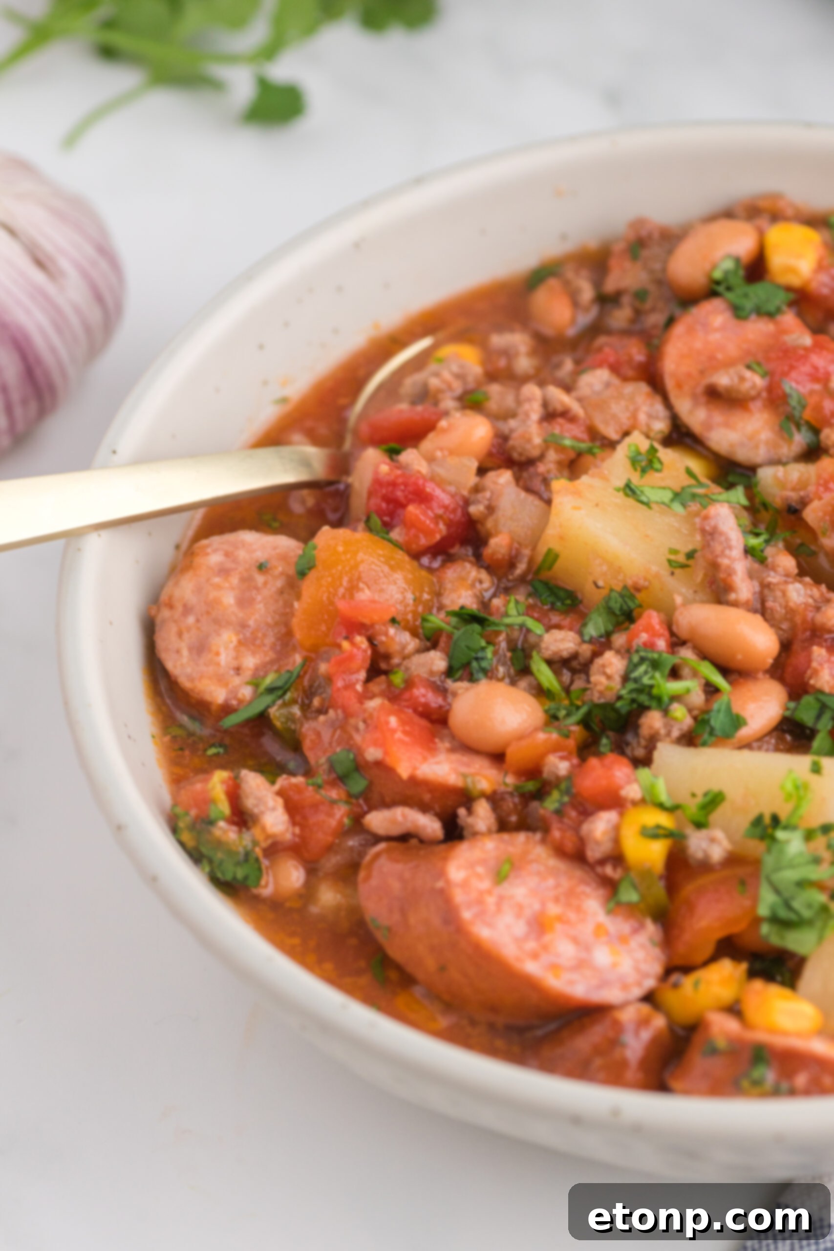 Hearty Lone Star Slow Cooker Stew 13 Close up view of a serving of Slow Cooker Texas Cowboy Stew in a white bowl, highlighting its rich texture and ingredients.