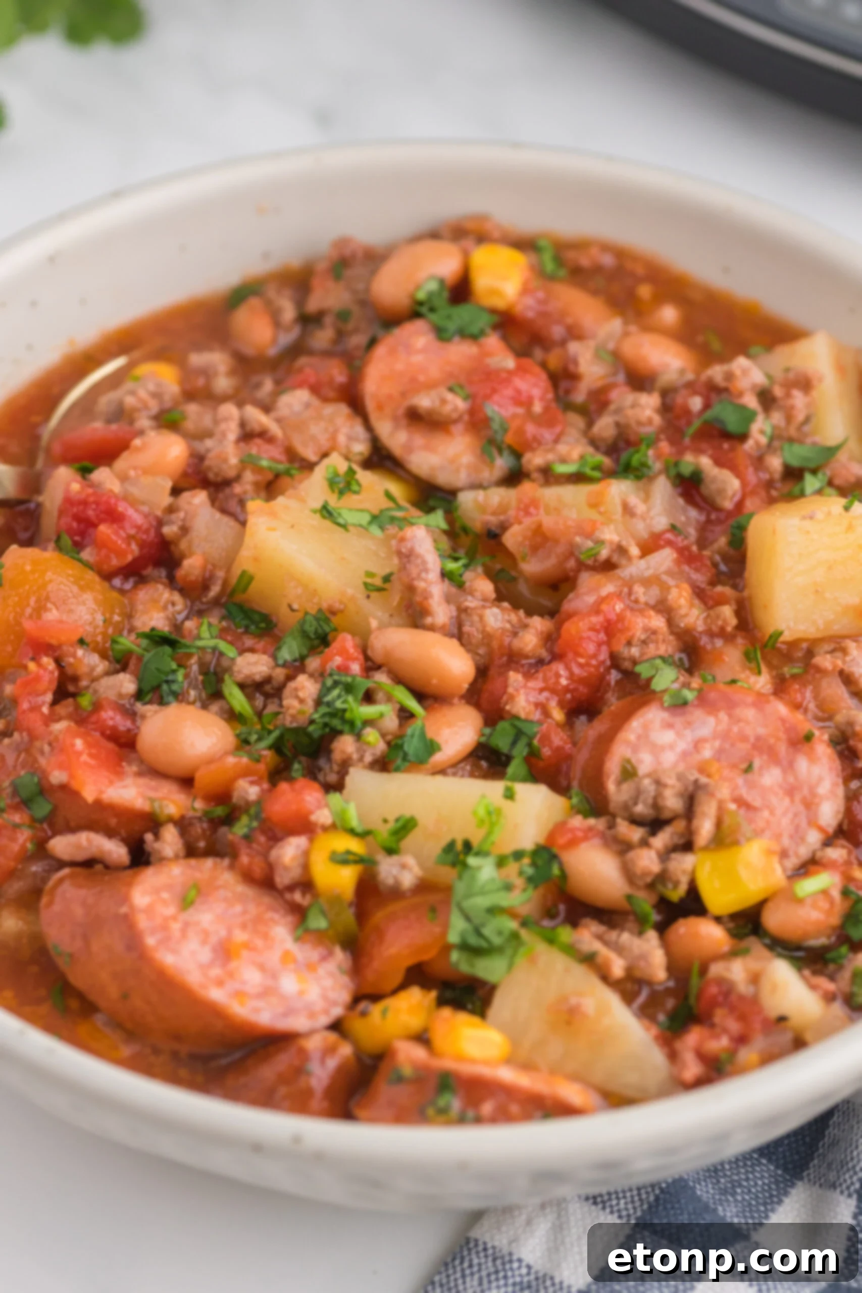 Hearty Lone Star Slow Cooker Stew 14 Slow Cooker Texas Cowboy Stew in a white bowl, showcasing the blend of meats and vegetables.