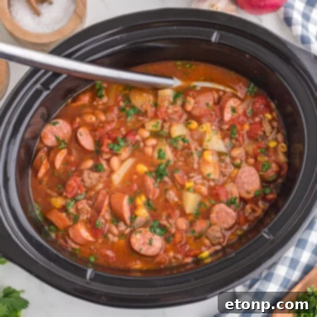 Hearty Lone Star Slow Cooker Stew 17 Slow Cooker Texas Cowboy Stew in a crockpot, ready to be served.