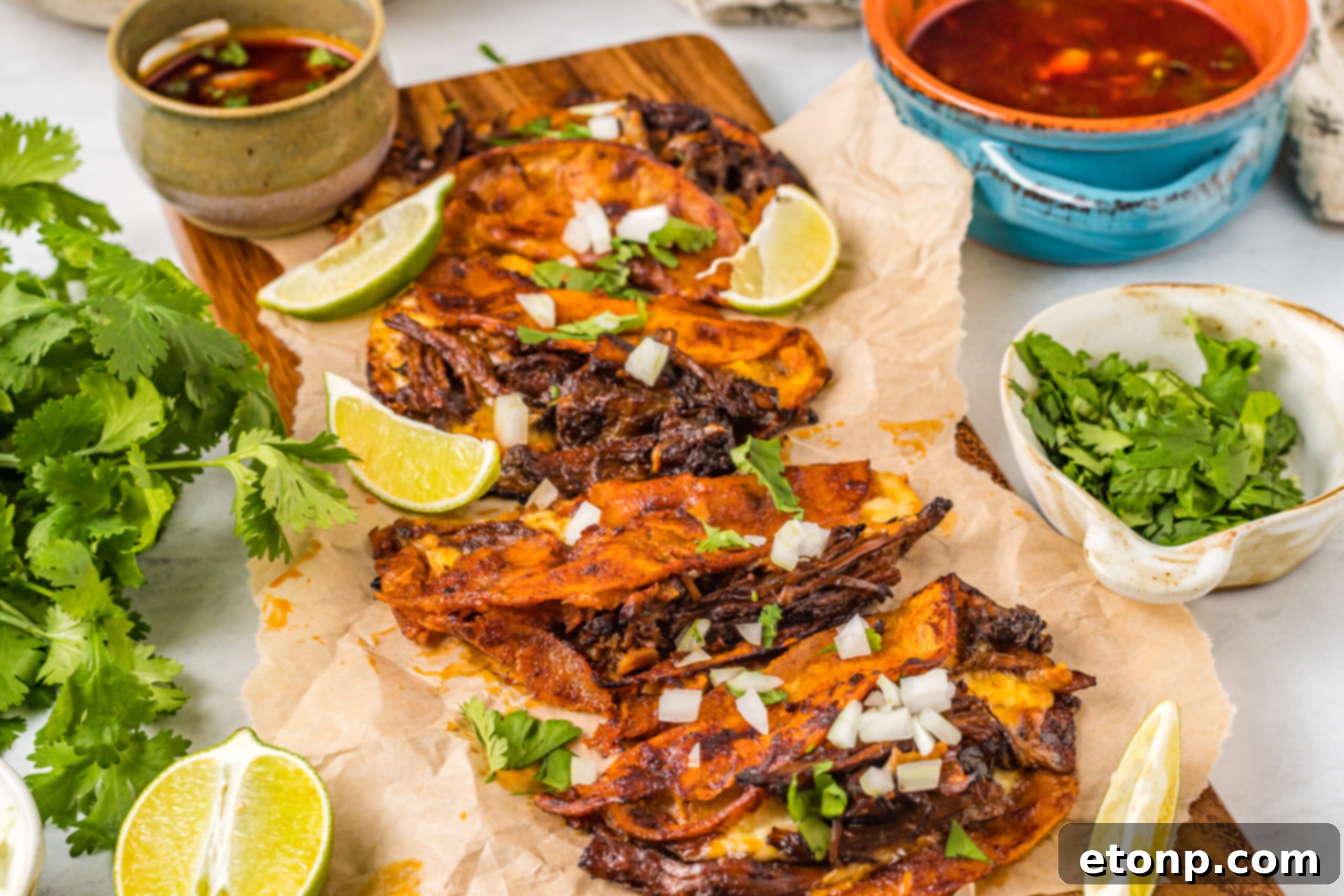 Front view of Birria Tacos on a wooden board garnished with onion and cilantro.