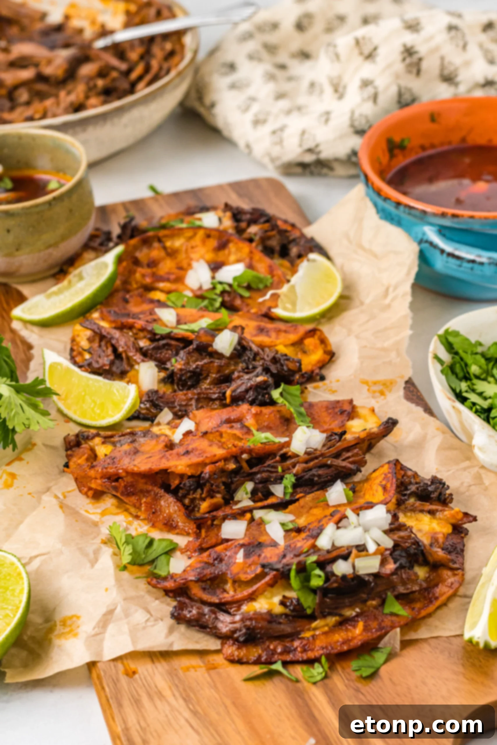 Front view of Birria Tacos on a wooden board garnished with onion and cilantro.