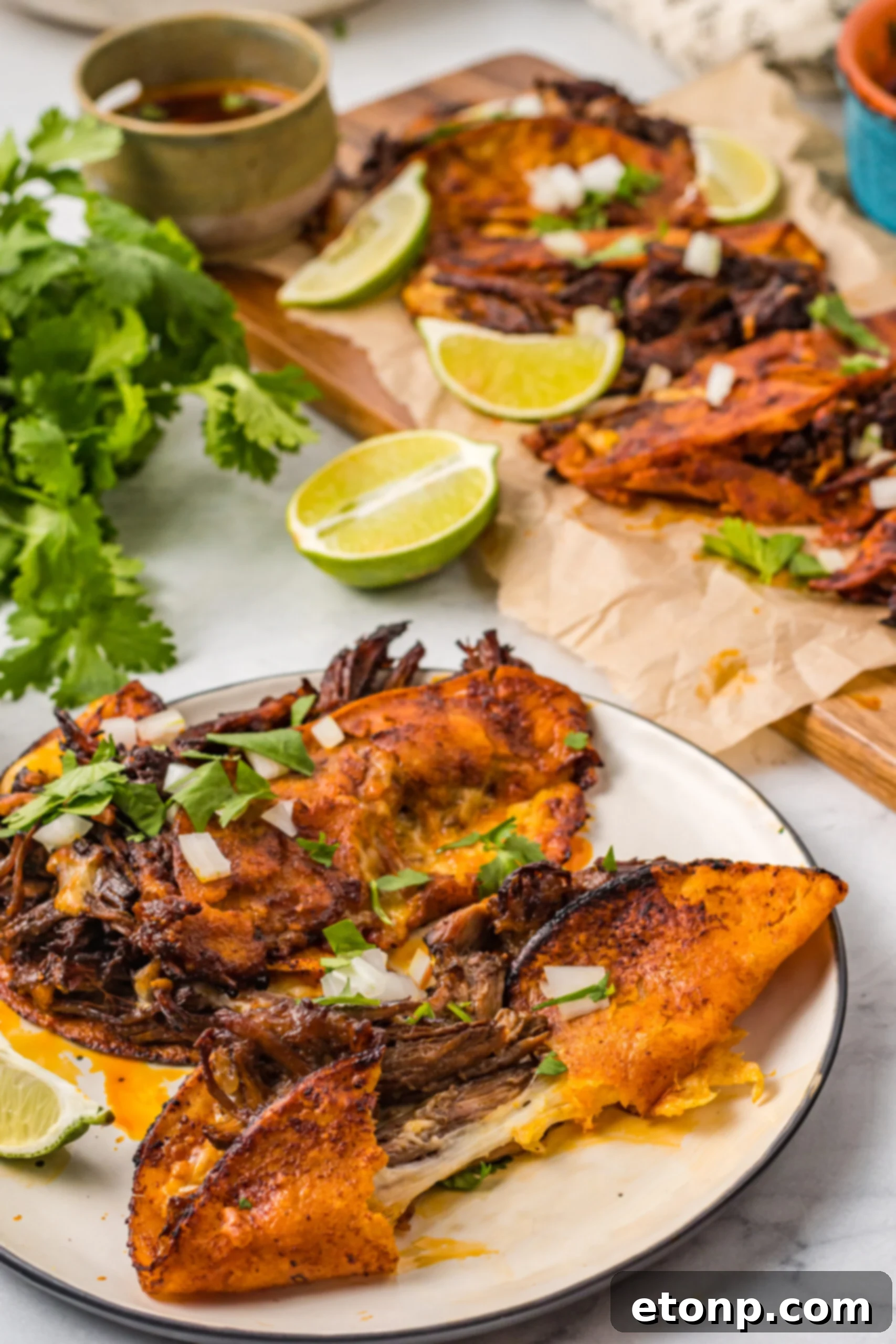 Front view of Birria Tacos on a white plate with one taco cut in half.