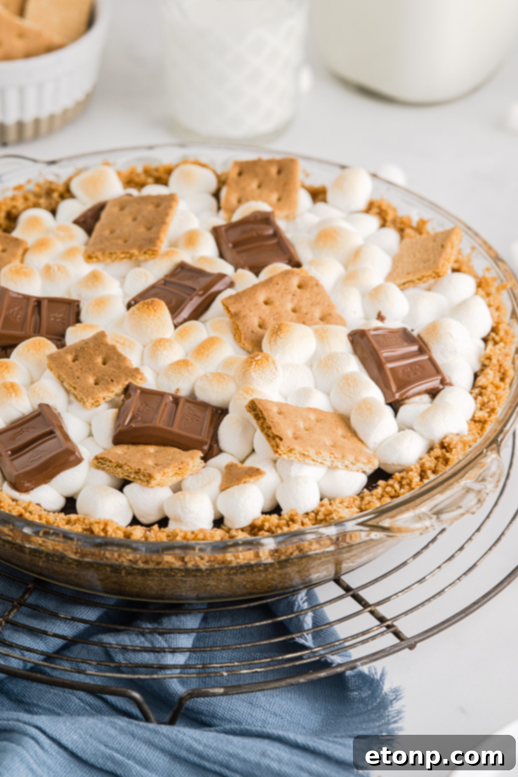 S'mores pie in a glass baking dish 