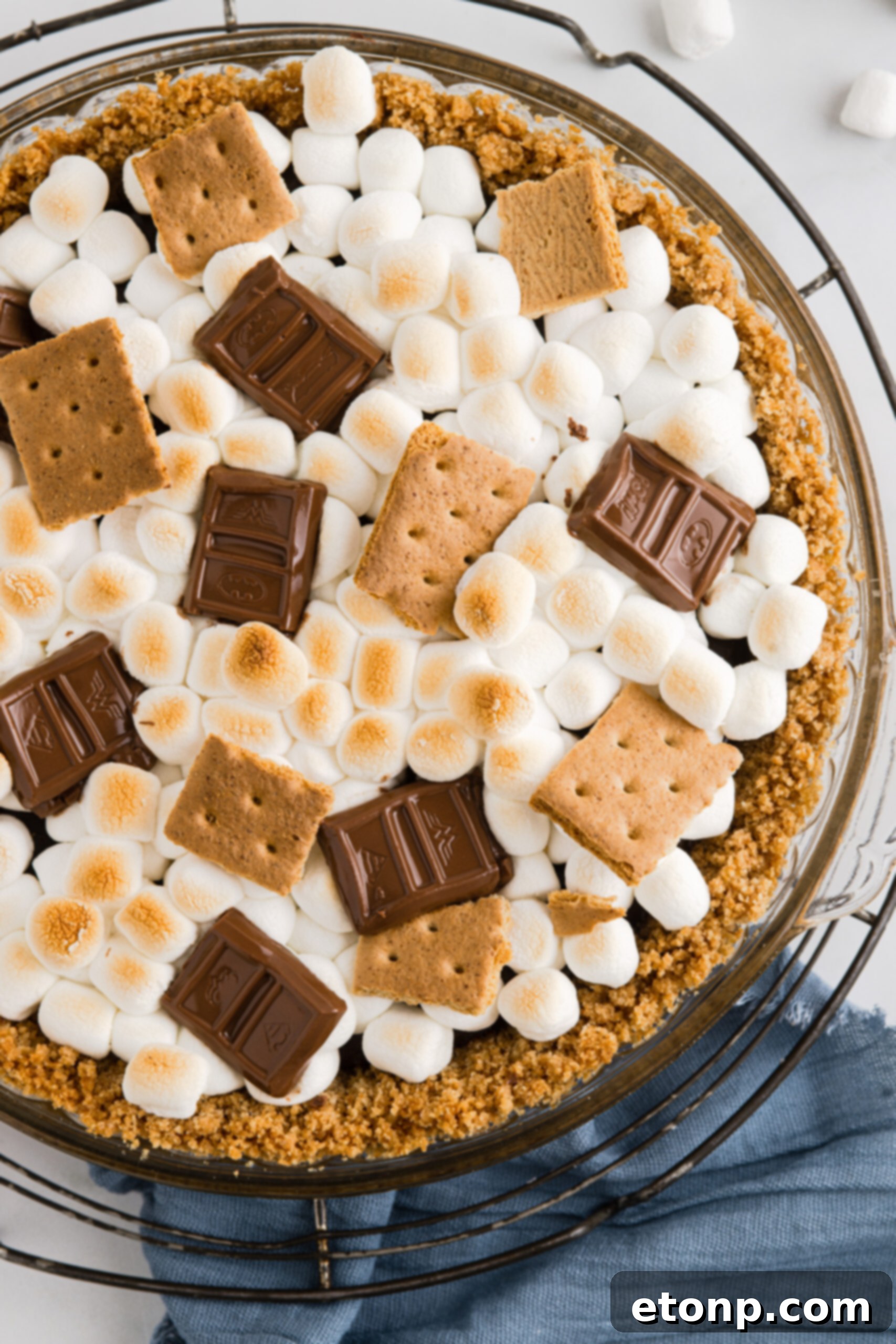 Close up overhead view of S'mores Pie on a wire rack. 