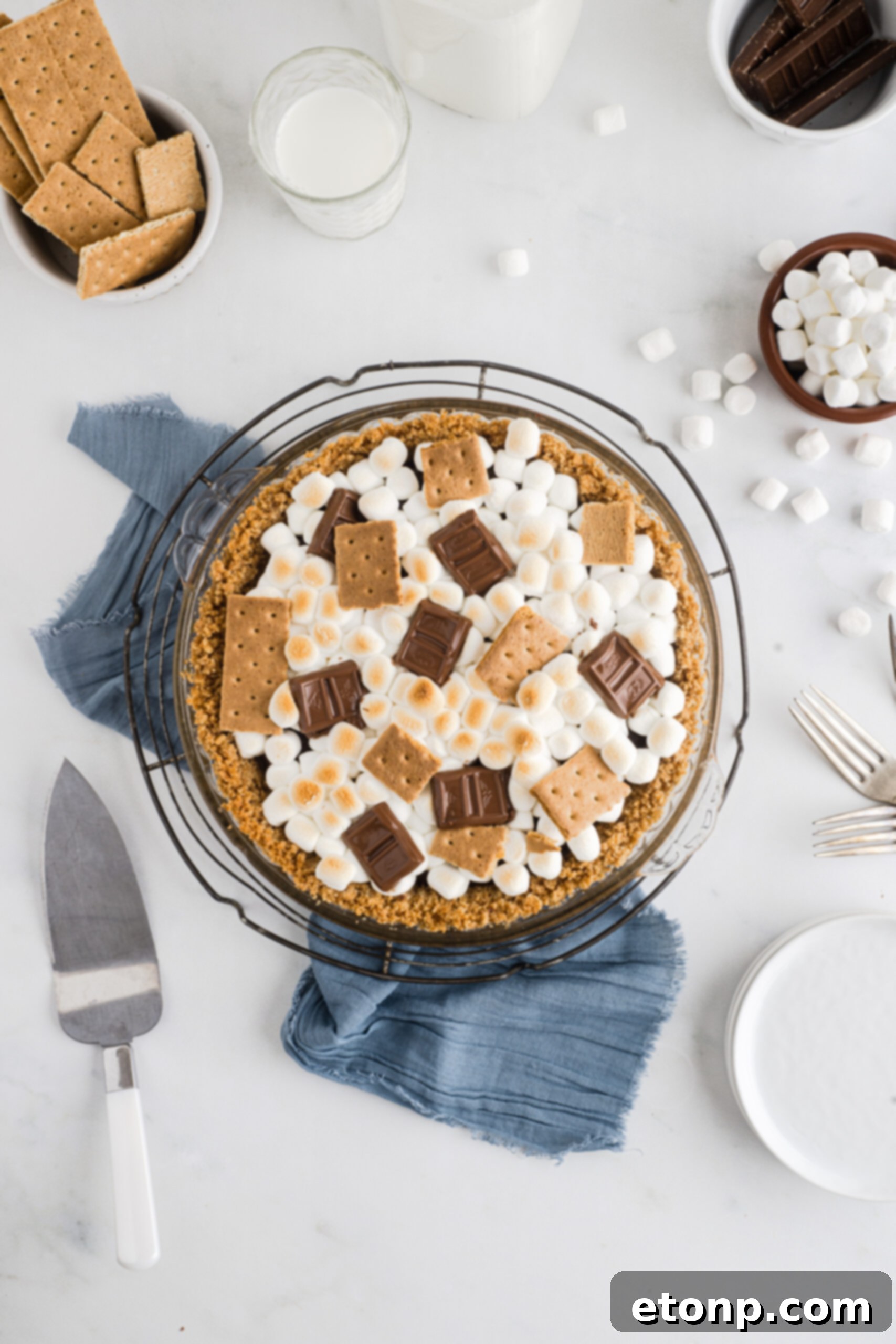 Overhead view of the S'mores Pie on a metal wire rack. 