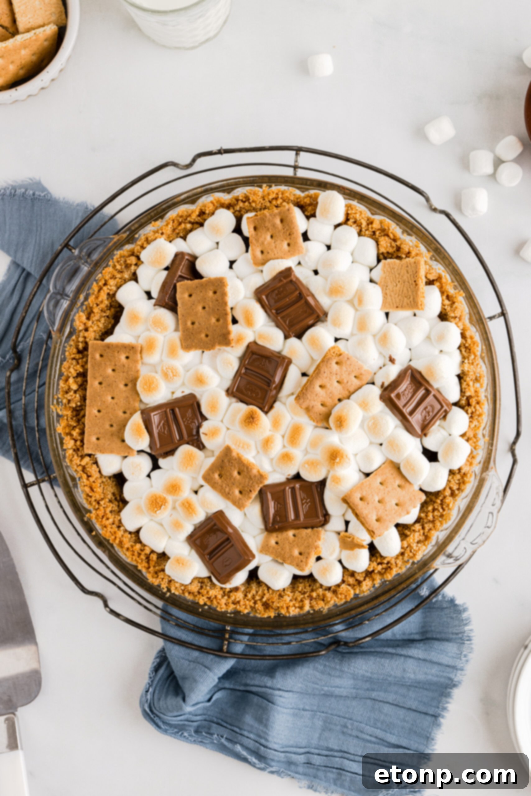 Overhead view of the S'mores Pie on a metal wire rack. 
