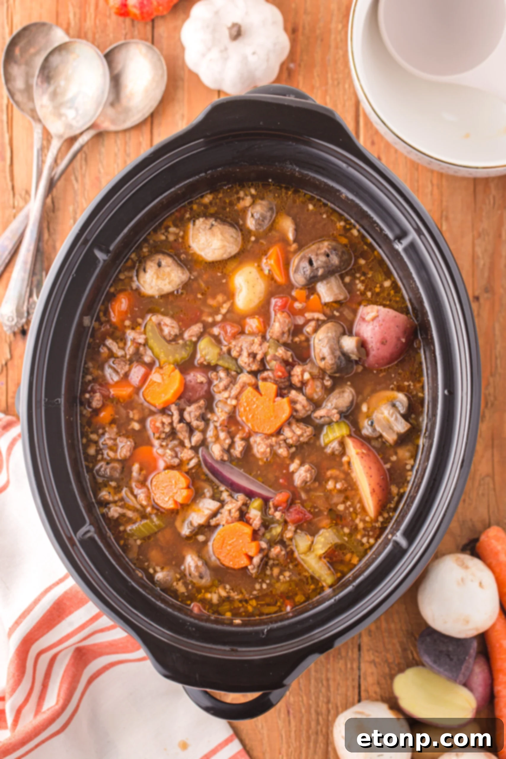 Overhead view of Witches Brew Stew in a slow cooker.