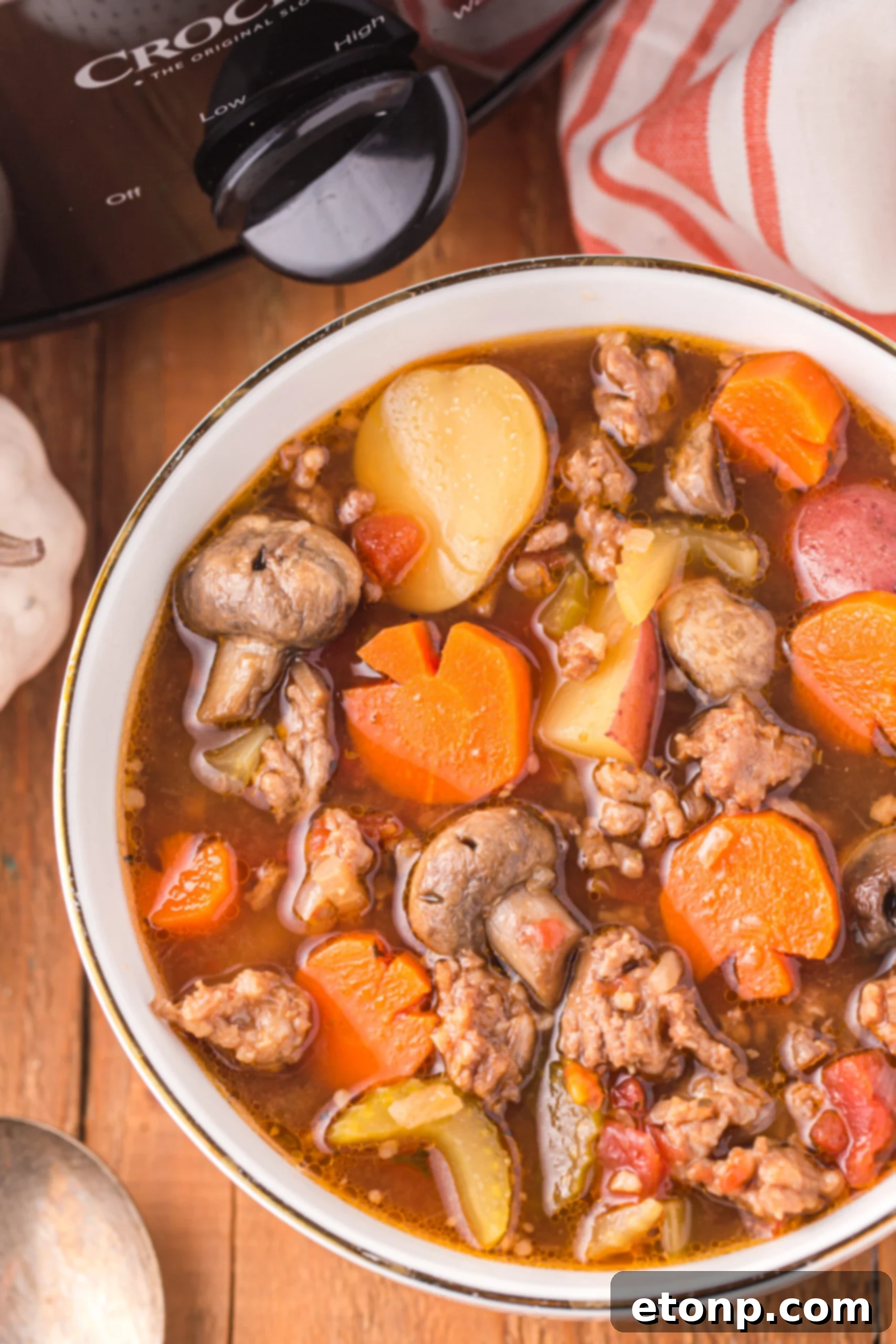 Overhead view of a serving of Witches Brew Stew in a bowl.