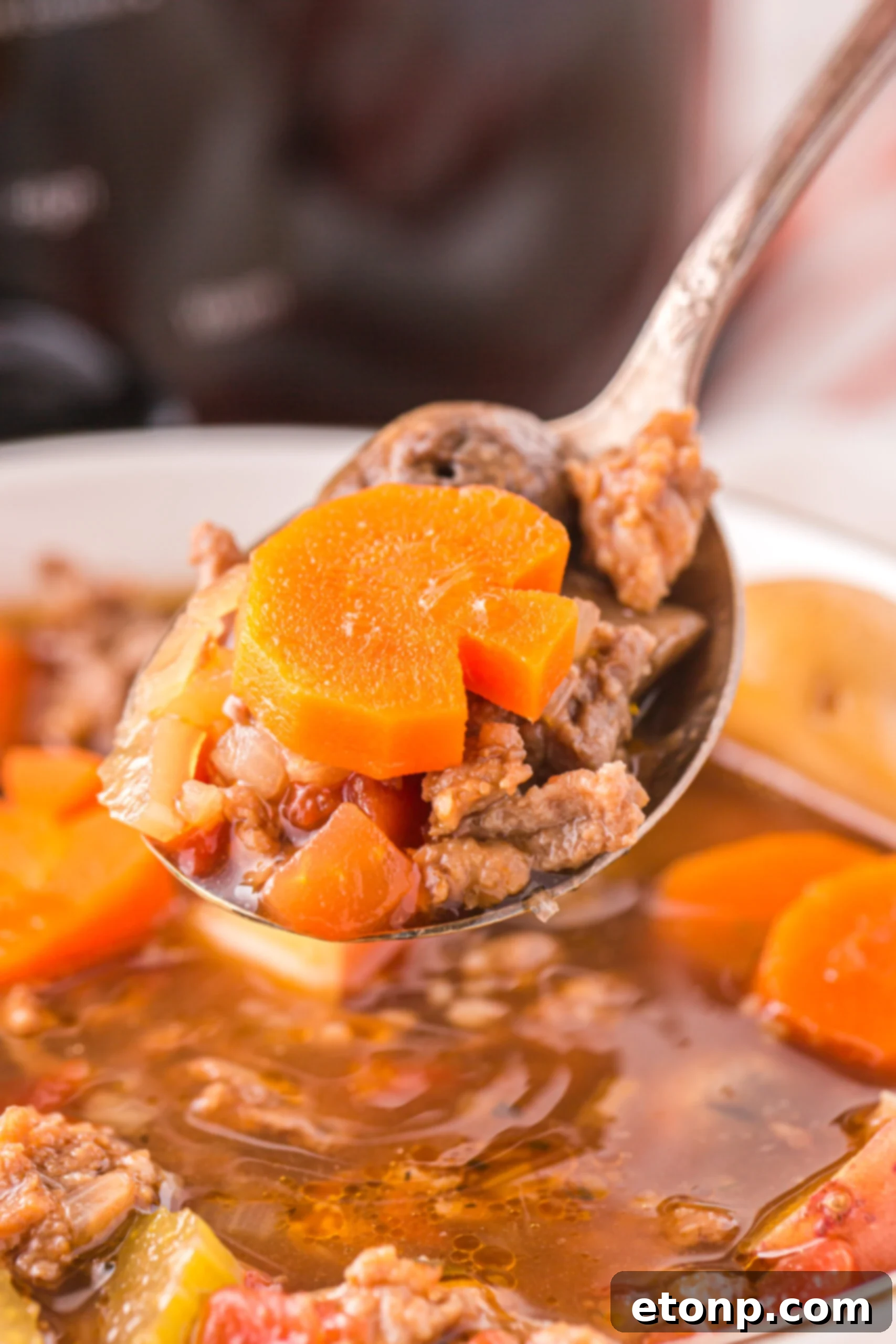 Close up view of a silver spoon removing a bite of Witches Brew Stew.