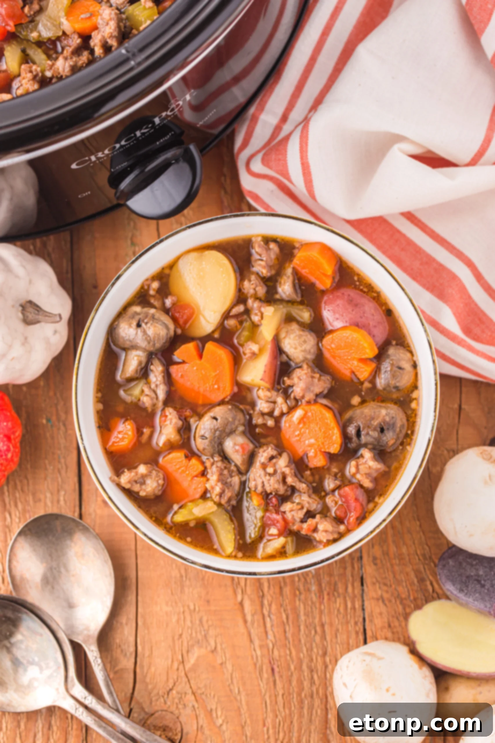 Overhead view of a serving of Witches Brew Stew in a bowl.