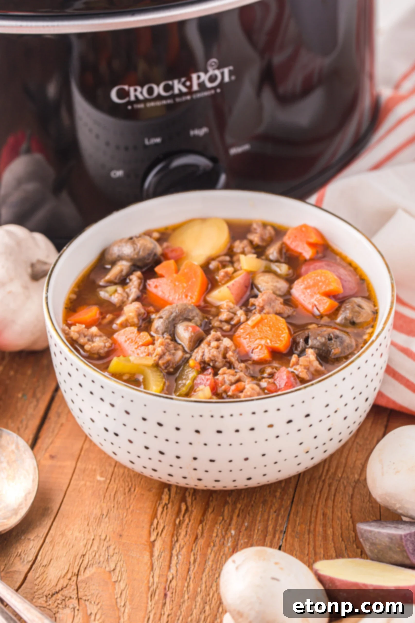 Front view of a serving of Witches Brew Stew in a bowl.