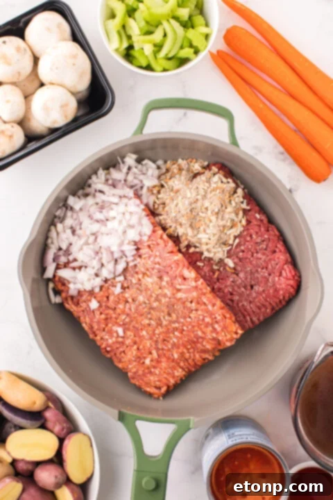 Step 1: Browning meat and shallots in a skillet.