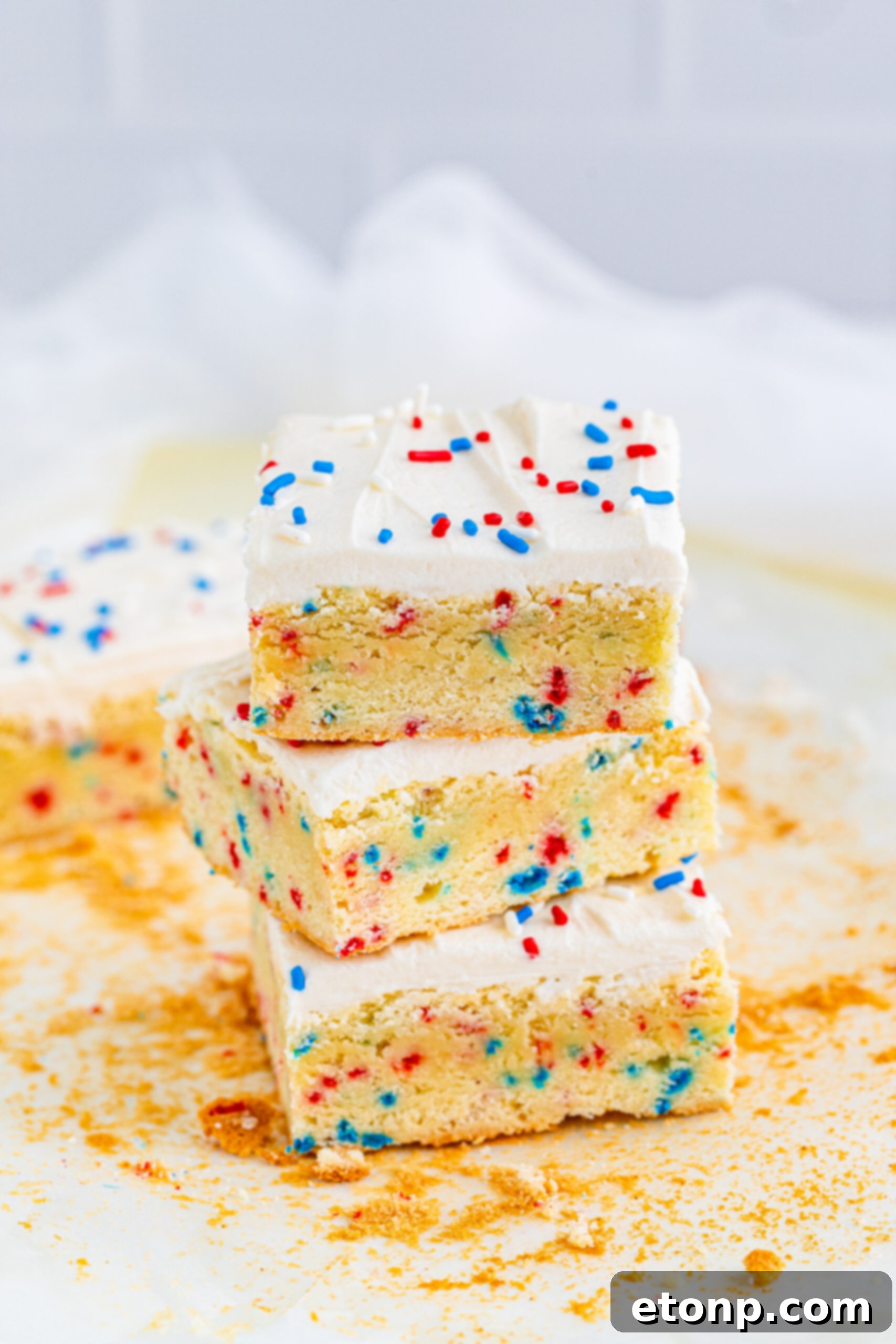 Front view of three Patriotic Sugar Cookie Bars stacked.