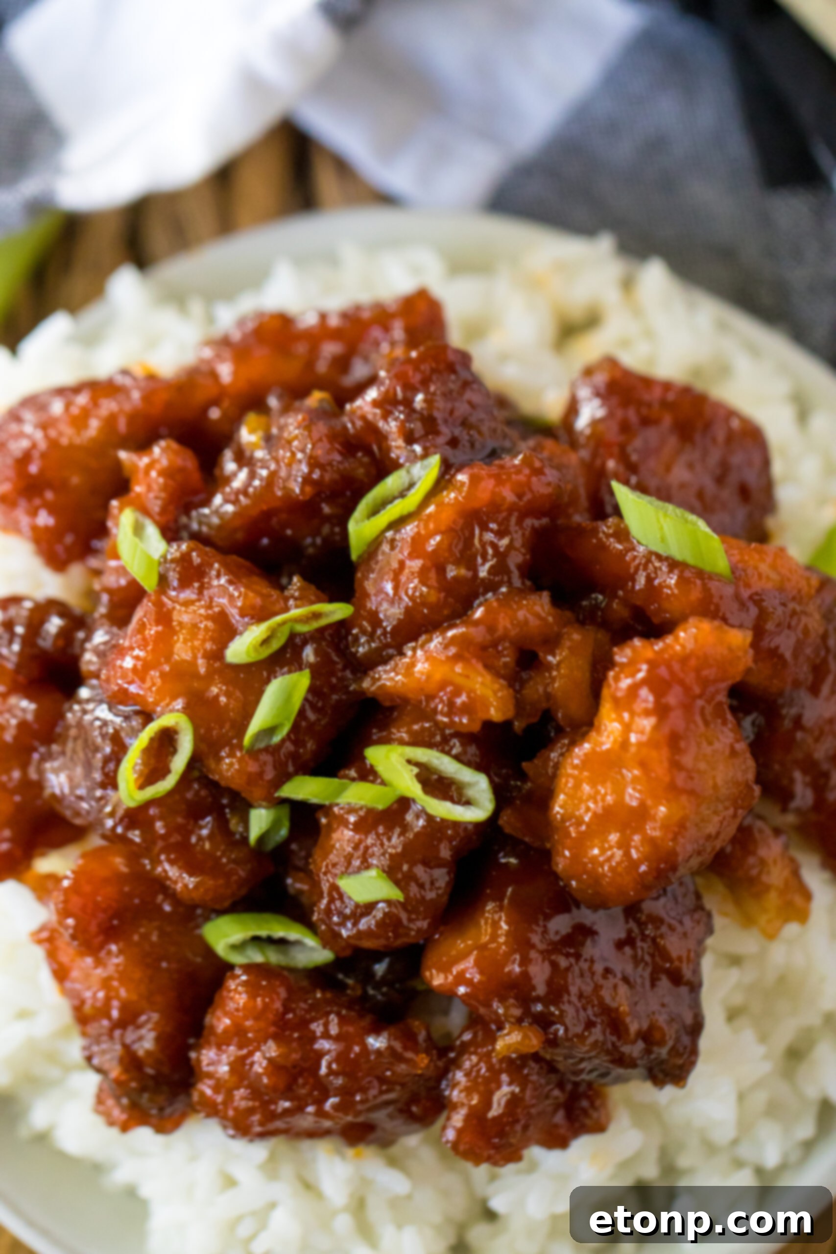 Overhead view of Slow Cooker Firecracker Chicken served over fluffy white rice in a pristine white bowl, garnished with fresh green scallions.