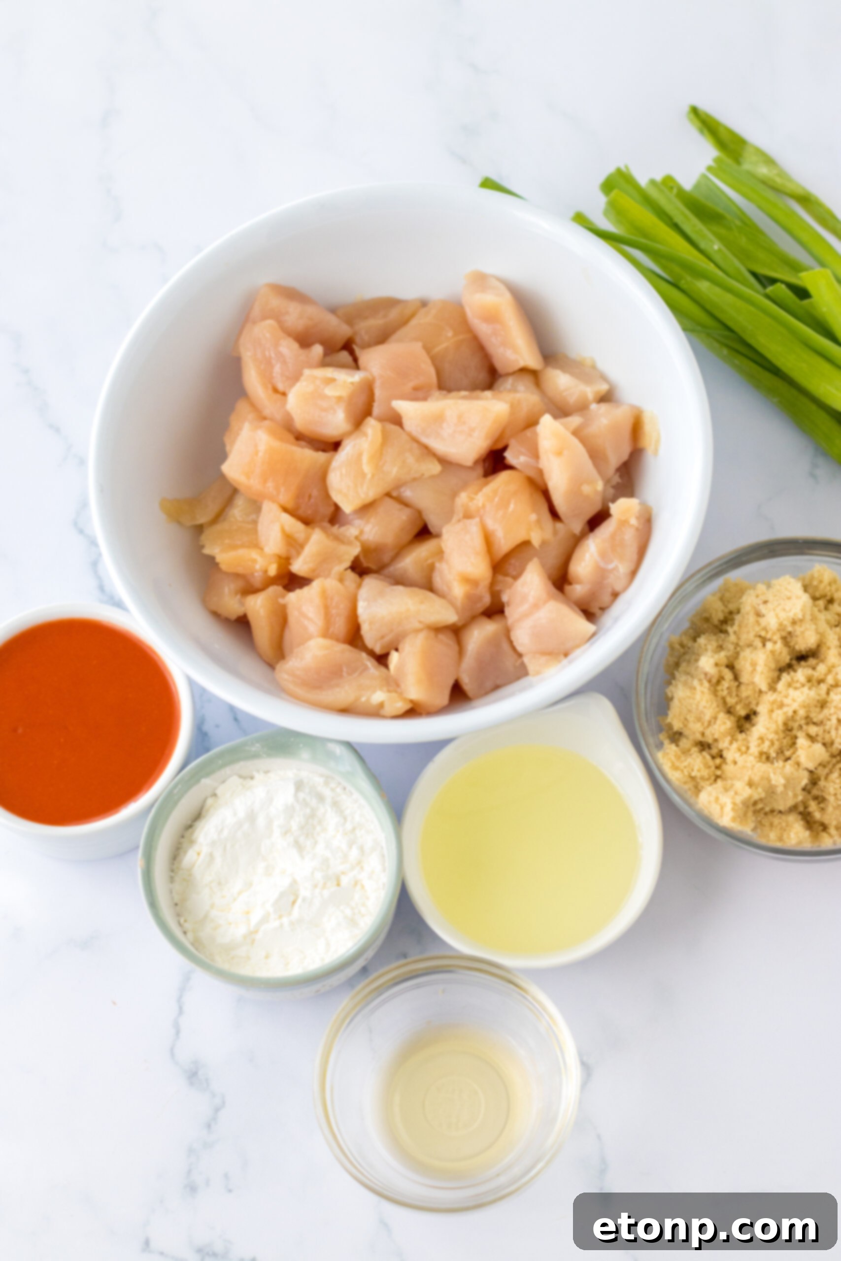 Overhead flat lay shot of all the fresh ingredients meticulously laid out for the Slow Cooker Firecracker Chicken recipe.