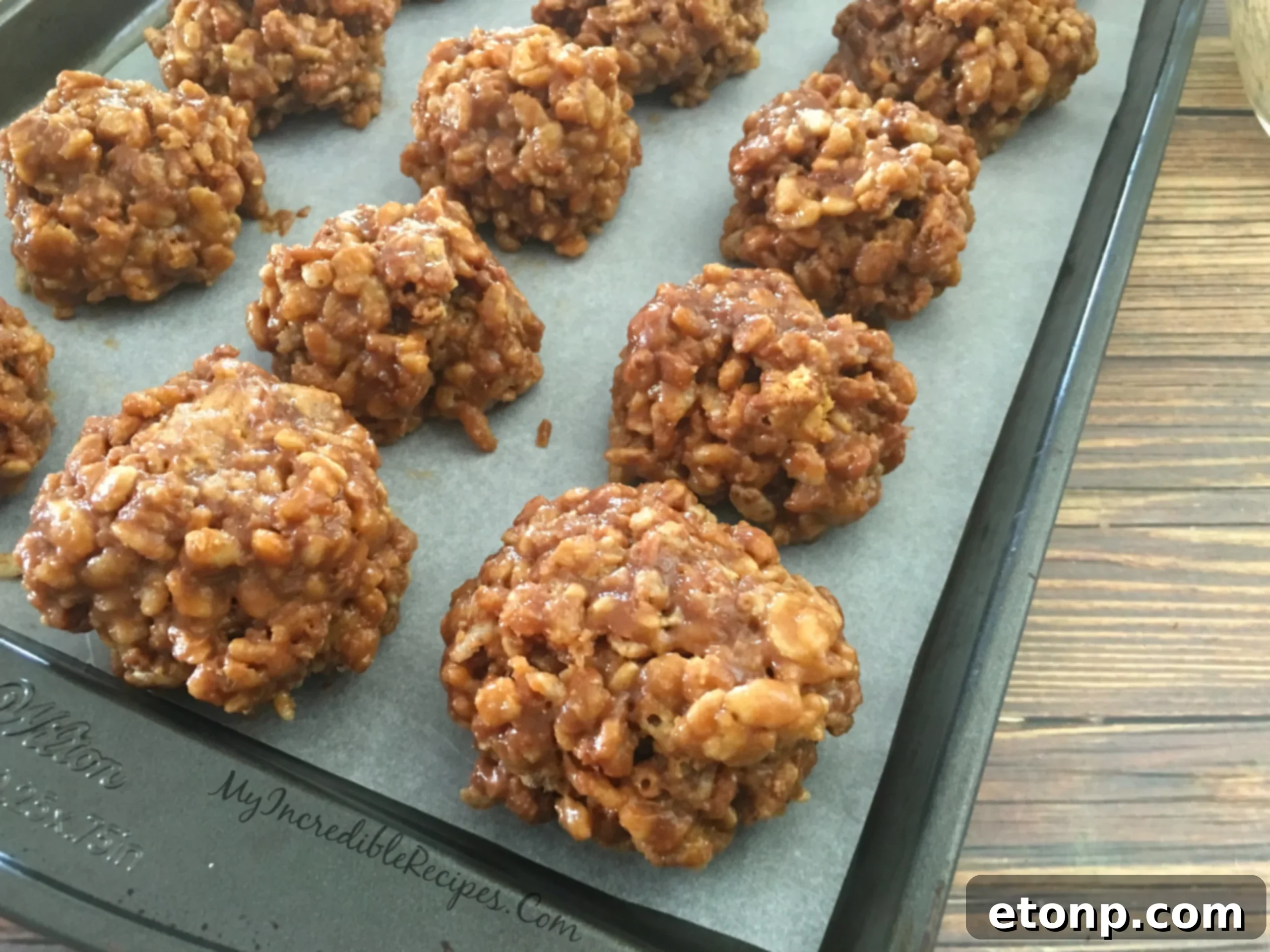 Close-up of a single No-Bake Reese's Krispy Cookie Ball