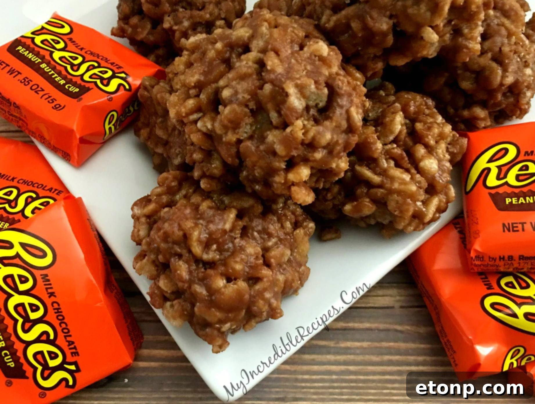 Batch of No-Bake Reese's Krispy Cookie Balls on a patterned plate