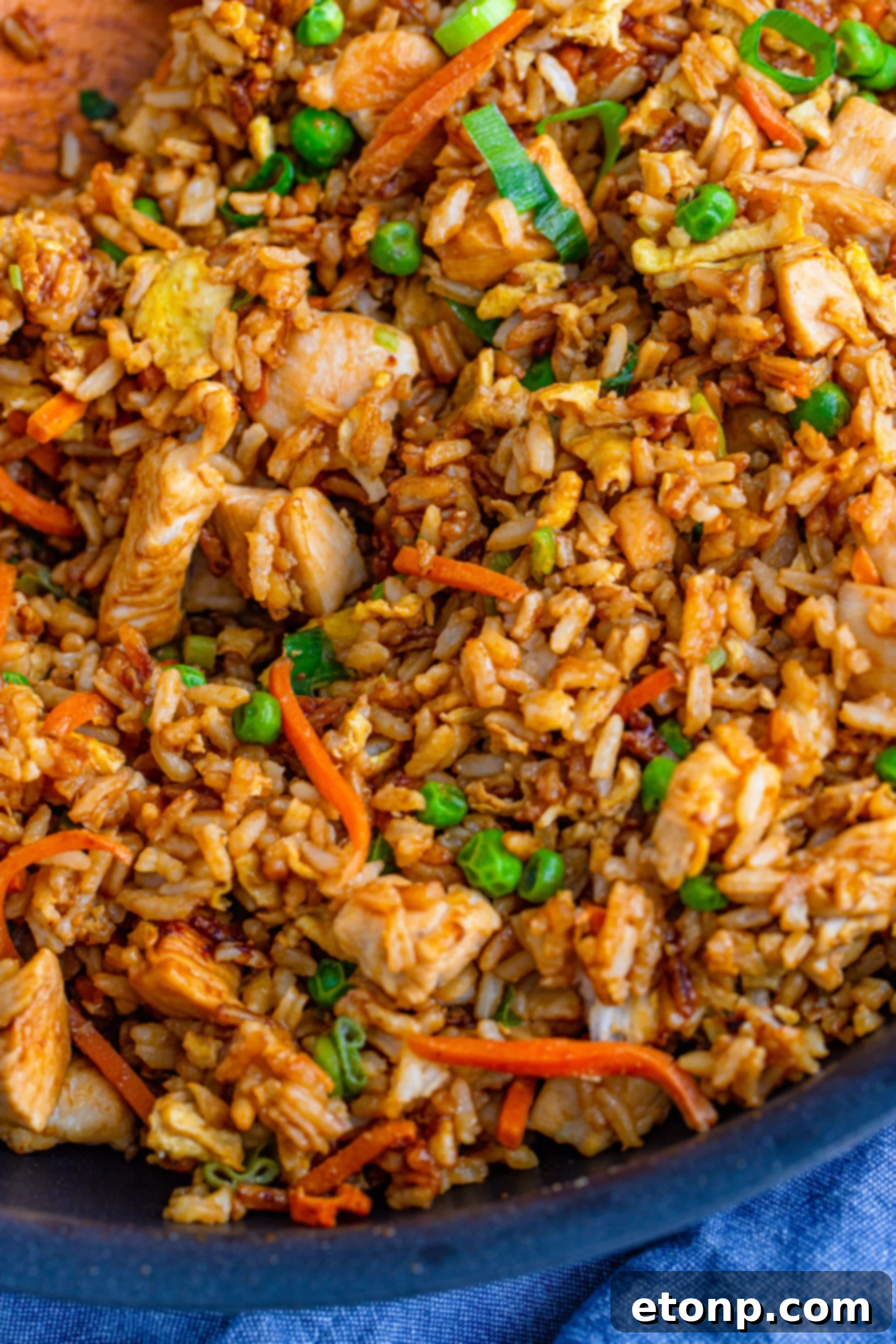 A stylish bowl of chicken fried rice placed on a wooden table, garnished with a lime wedge and herbs.