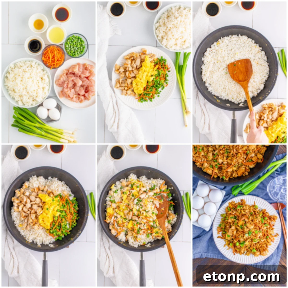 A composite image showing a plate of chicken fried rice and a large skillet filled with the same dish, garnished with herbs.