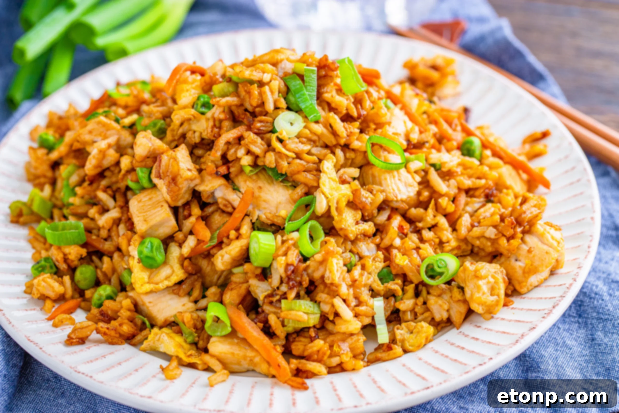 A wide shot of a plate laden with chicken fried rice, garnished with fresh green onions and sesame seeds.