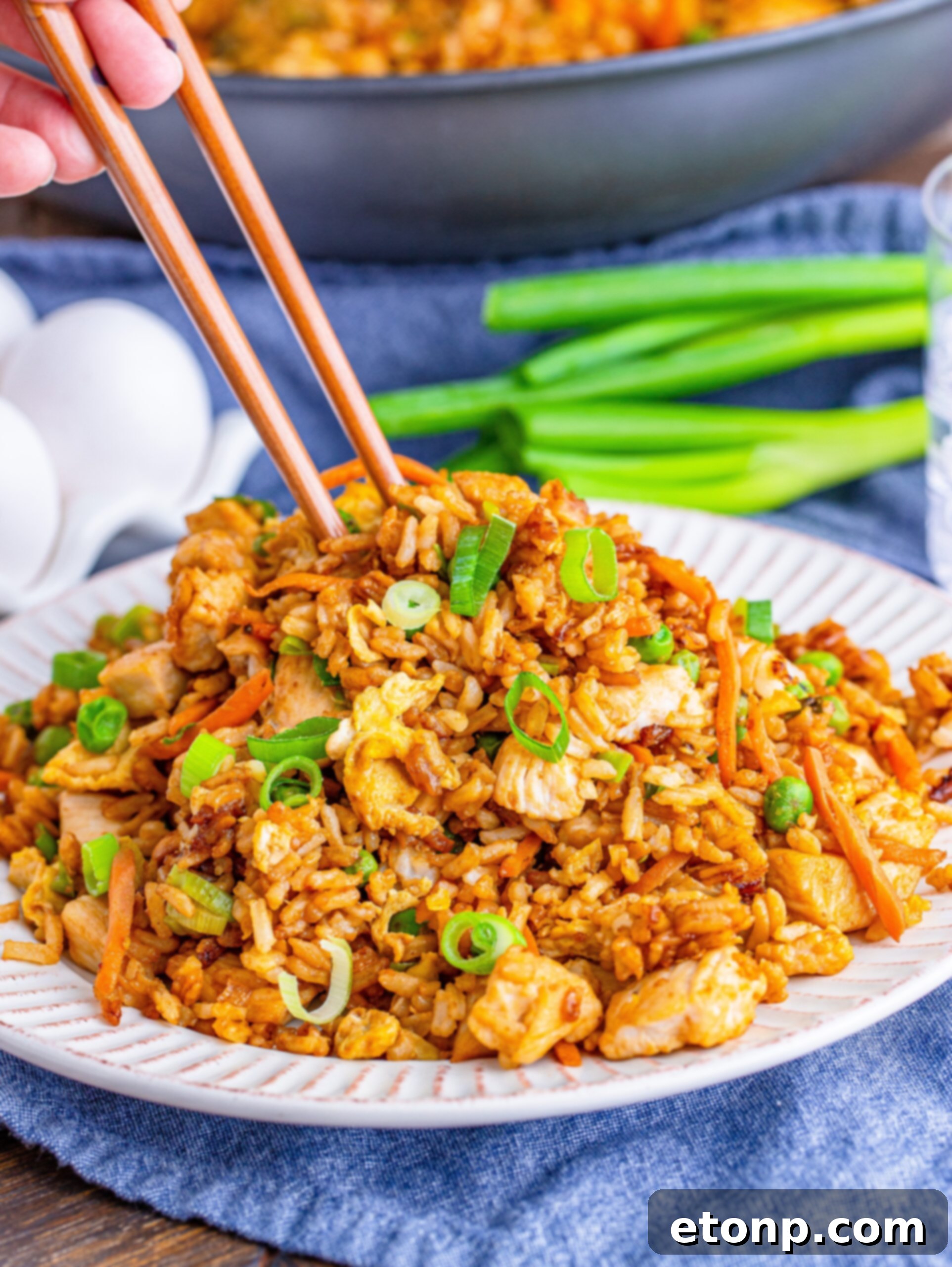 Chopsticks poised over a vibrant plate of chicken fried rice, emphasizing its appeal.
