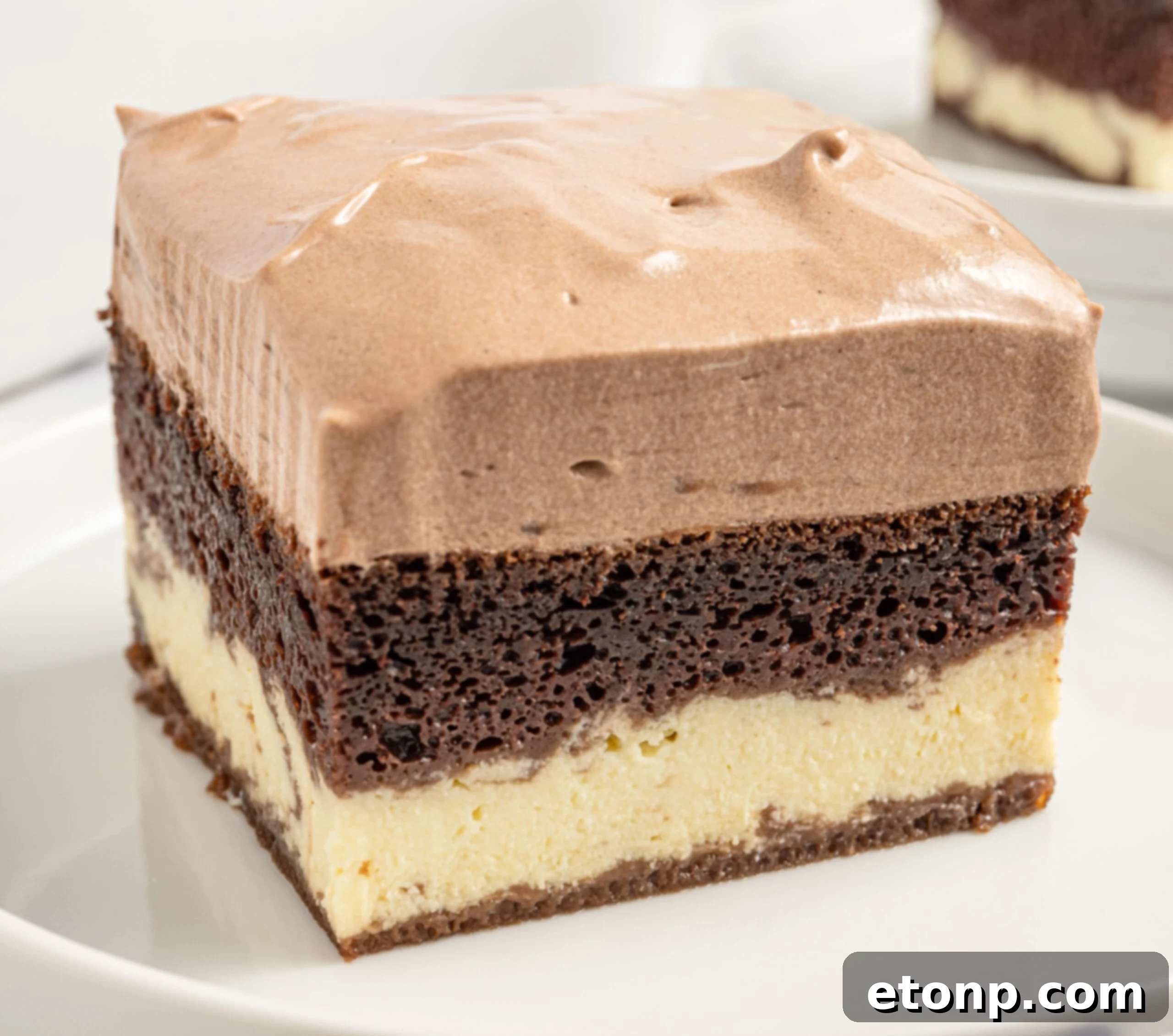 Dolce Vita Cake 4 up close photo of a slice of Italian Love Cake on a white plate, showing the creamy ricotta, moist chocolate cake, and smooth chocolate pudding layers