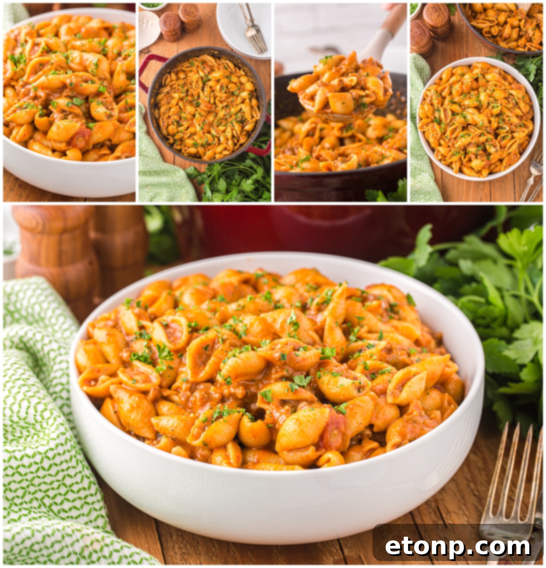 Cheesy Taco Pasta 6 A collage of five different angles and close-ups of taco pasta in a skillet and serving bowls, highlighting its visual appeal and texture.