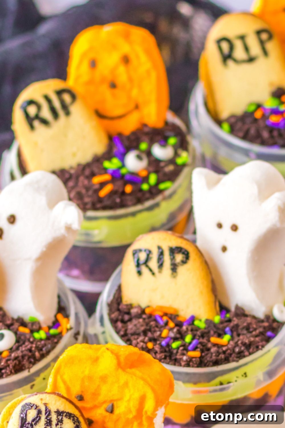 Halloween Pudding Cups on table with a overhead side view 
