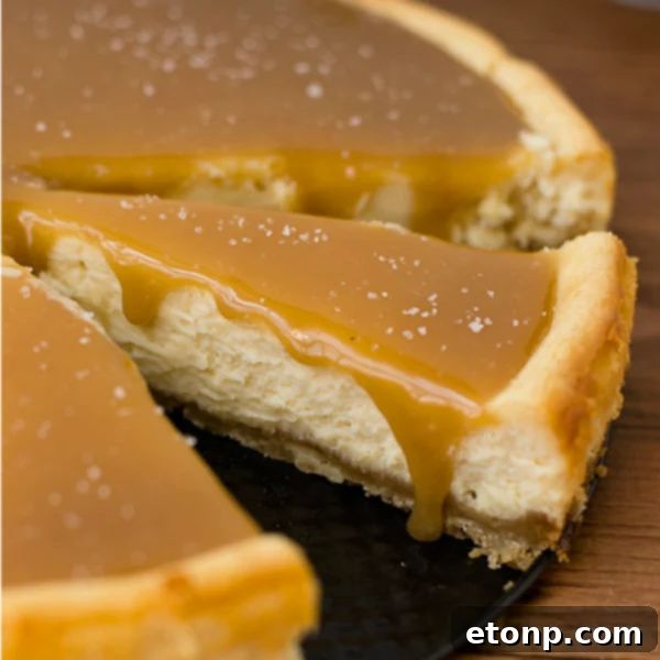 Decadent Salted Caramel Cheesecake with a rich caramel swirl and a sprinkle of sea salt.