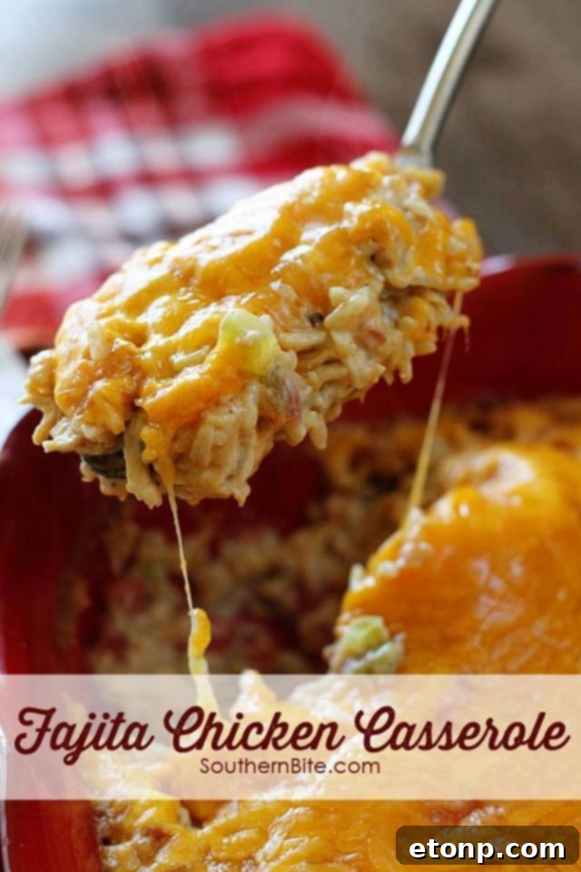Spicy Fajita Chicken Casserole, loaded with chicken, peppers, onions, and cheese.
