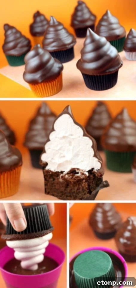 Hi-Hat Cupcakes, chocolate cupcakes topped with a swirl of frosting and a hard chocolate shell.