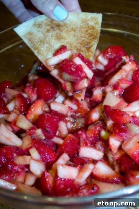 Sweet Fruit Salsa served with crispy Baked Cinnamon Sugar Chips, a refreshing dessert or snack.