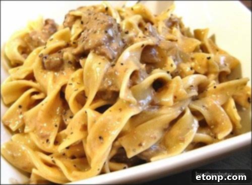 Classic Slow Cooker Beef Stroganoff served over egg noodles, rich and creamy.