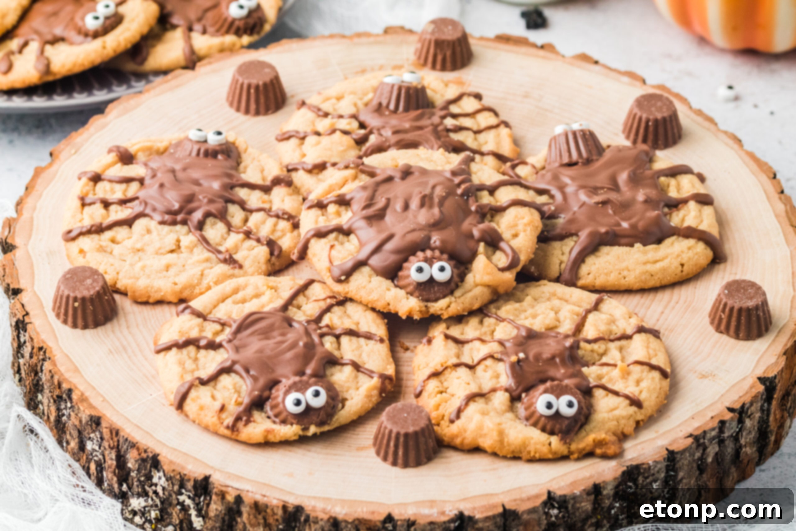 Frightfully Delicious Peanut Butter Spider Cookies 19 Peanut Butter Spider Cookies on a wood round table