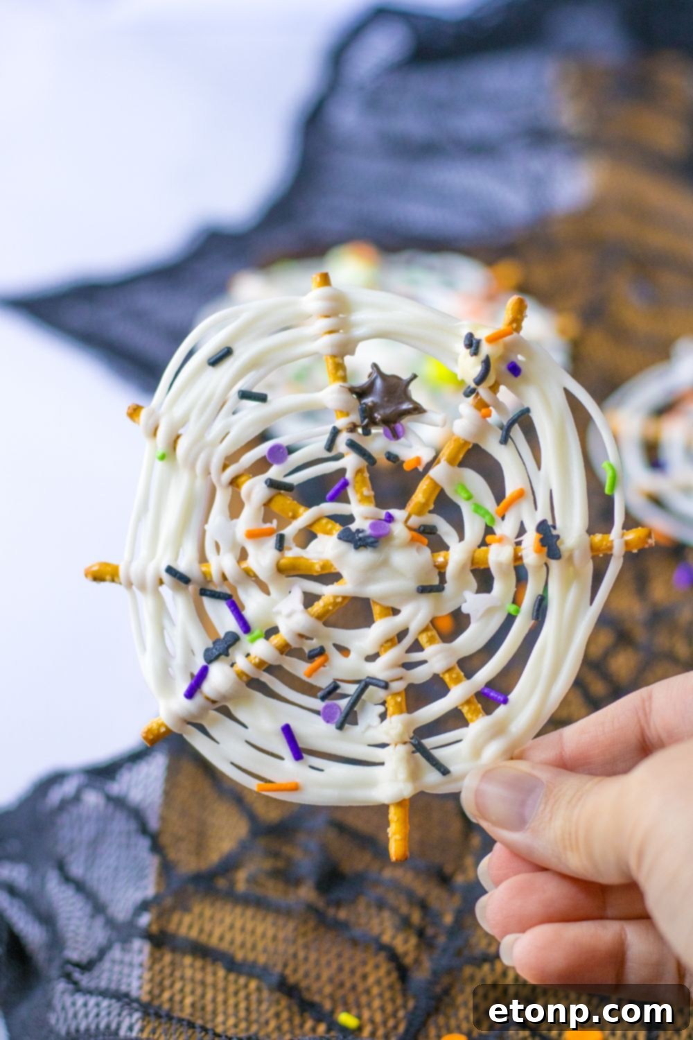 A hand holding a finished spider web pretzel