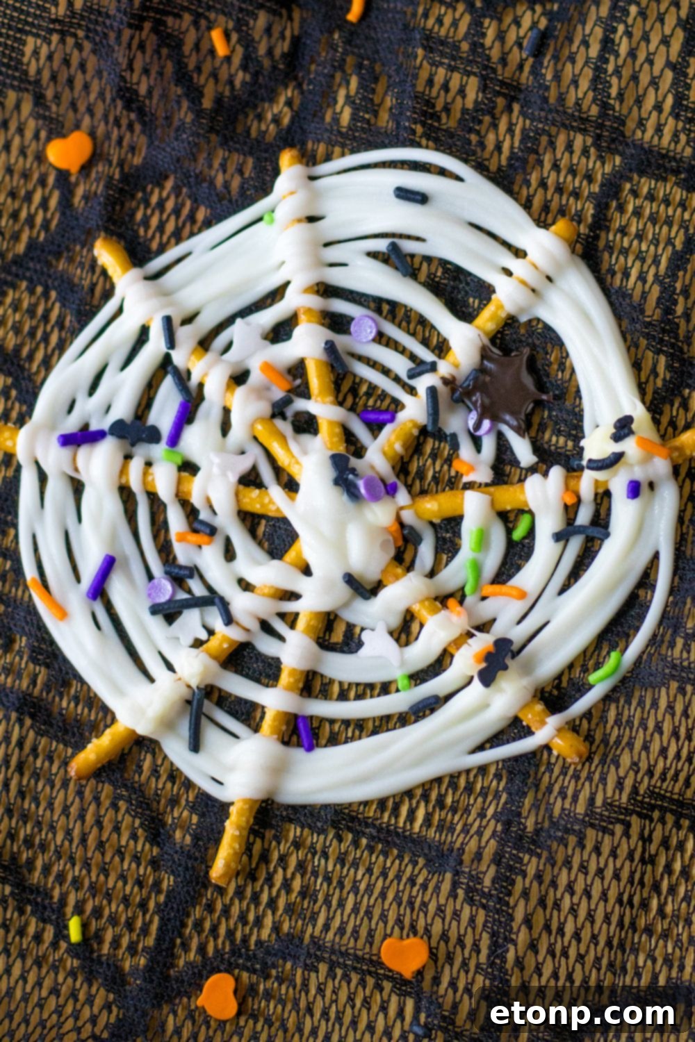 Several Spider Web Pretzels arranged neatly on a table