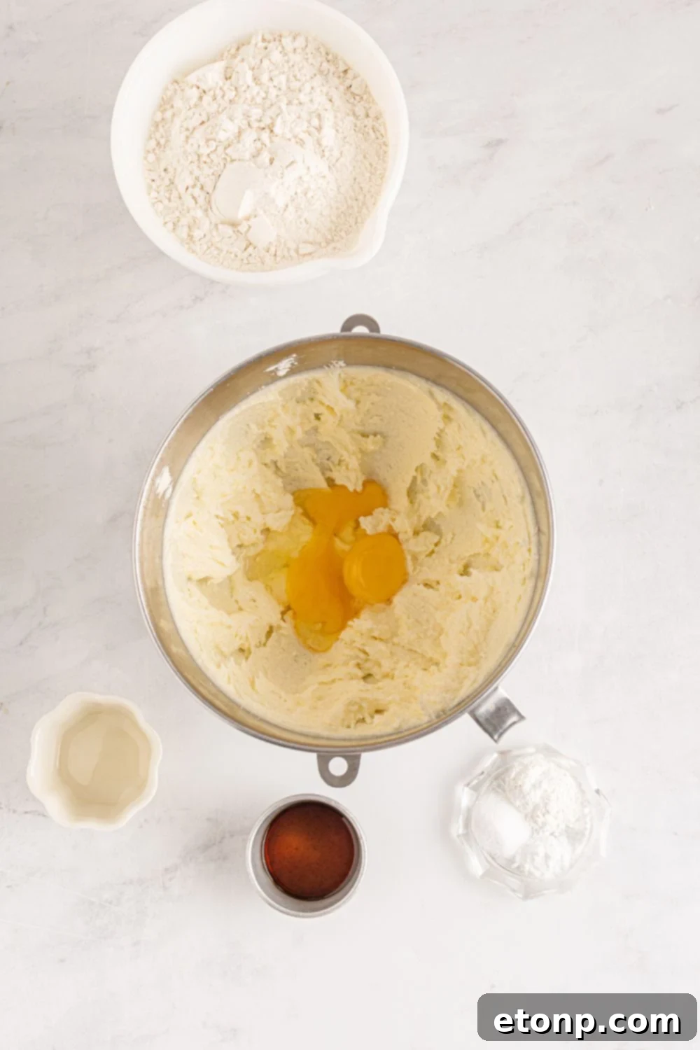 overhead sugar cookie dough being mixed up in a bowl