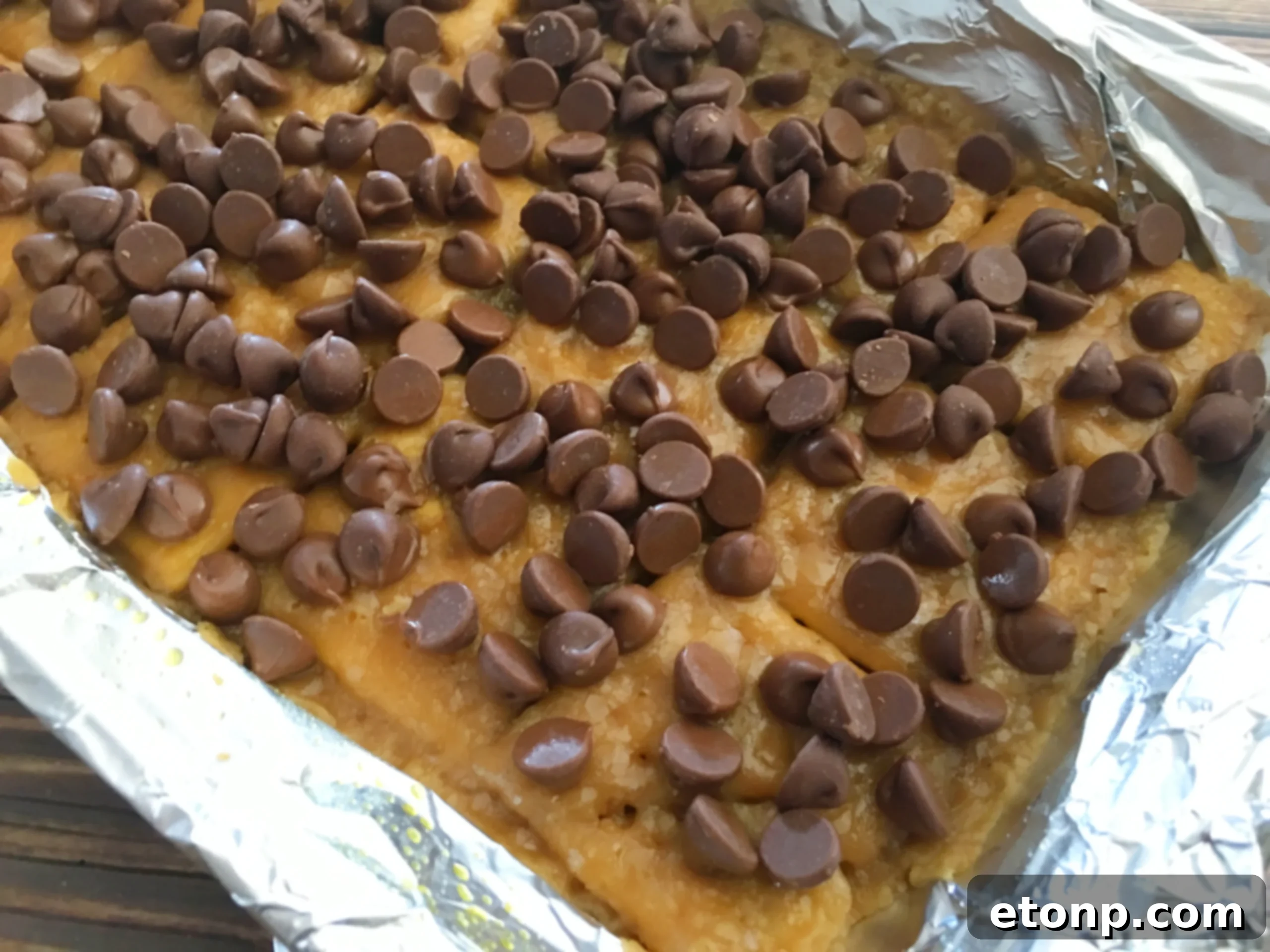 Chocolate chips generously sprinkled over warm, baked saltine toffee in a pan