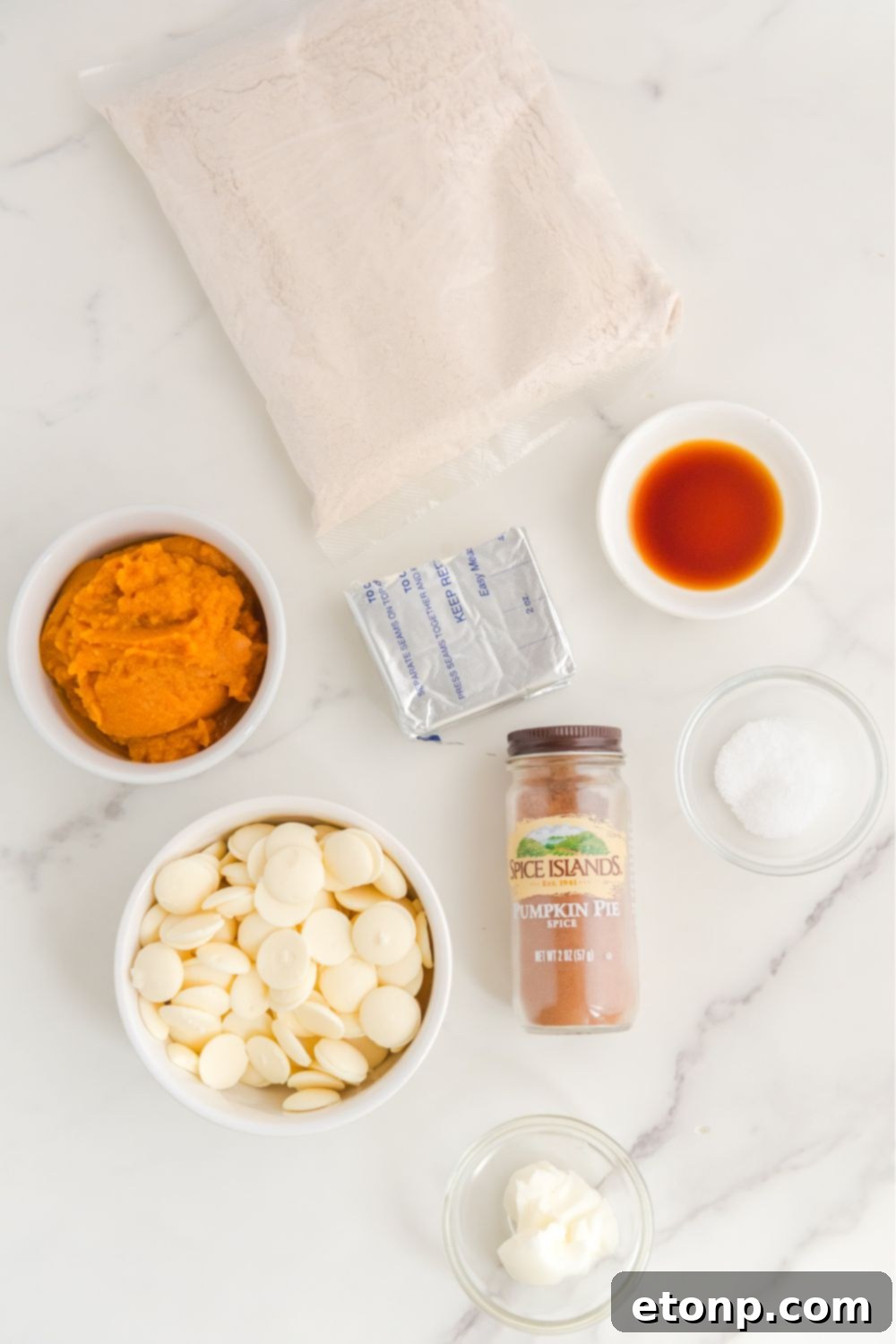 All the essential pumpkin spice cheesecake ball ingredients artfully arranged on a sleek marble counter, ready for preparation.