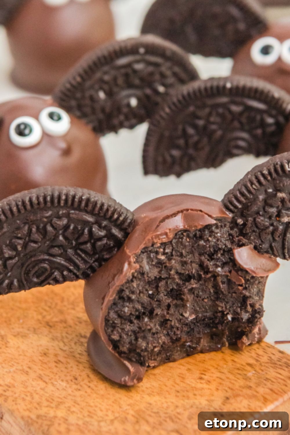 Bat Oreo Truffles arranged in neat rows, showcasing their distinct bat wing appearance