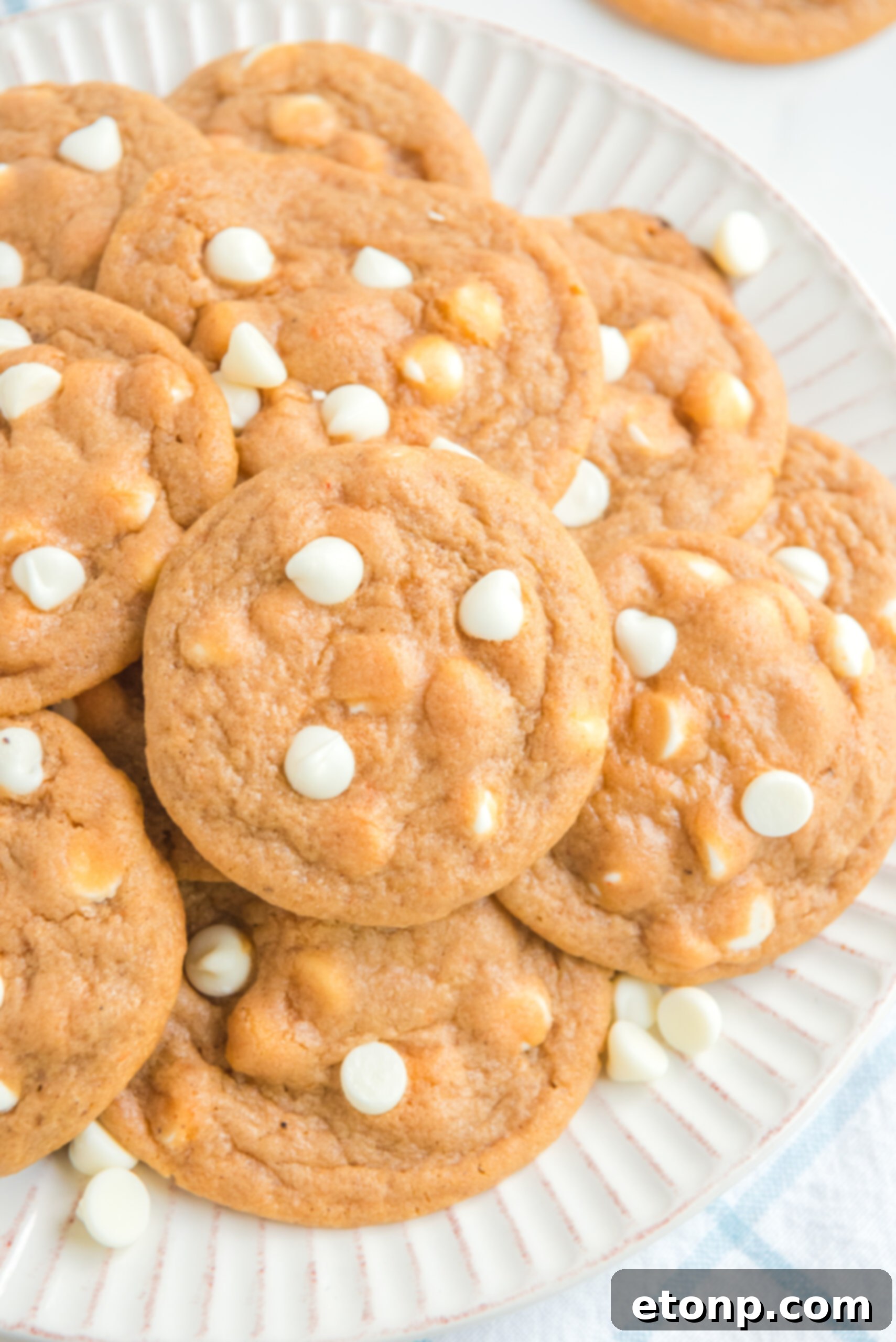up close angle of a pile of Pumpkin Spice Pudding Cookies on a white plate
