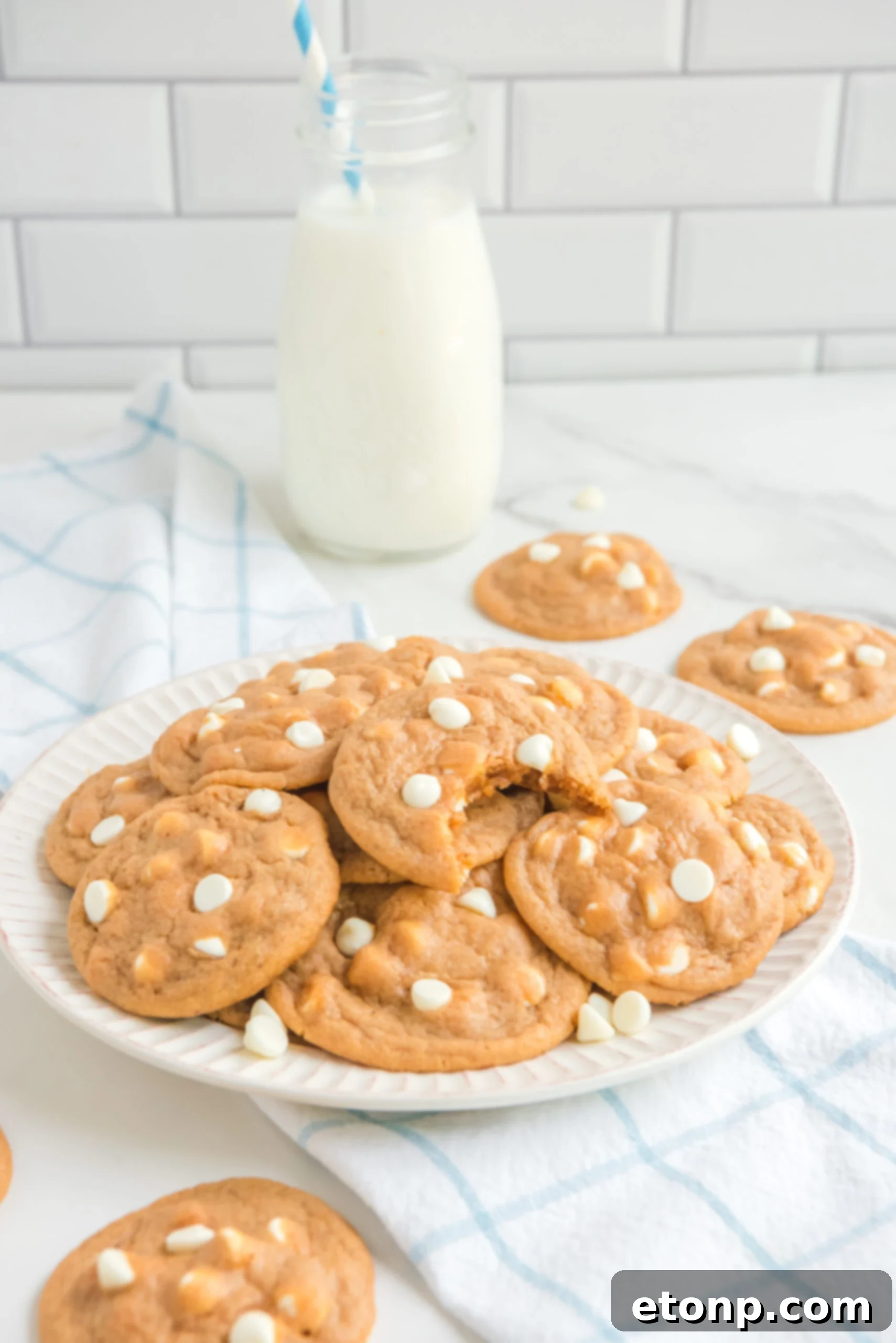 Pumpkin Spice Pudding Cookies on a white plate with the top cookie missing a bite