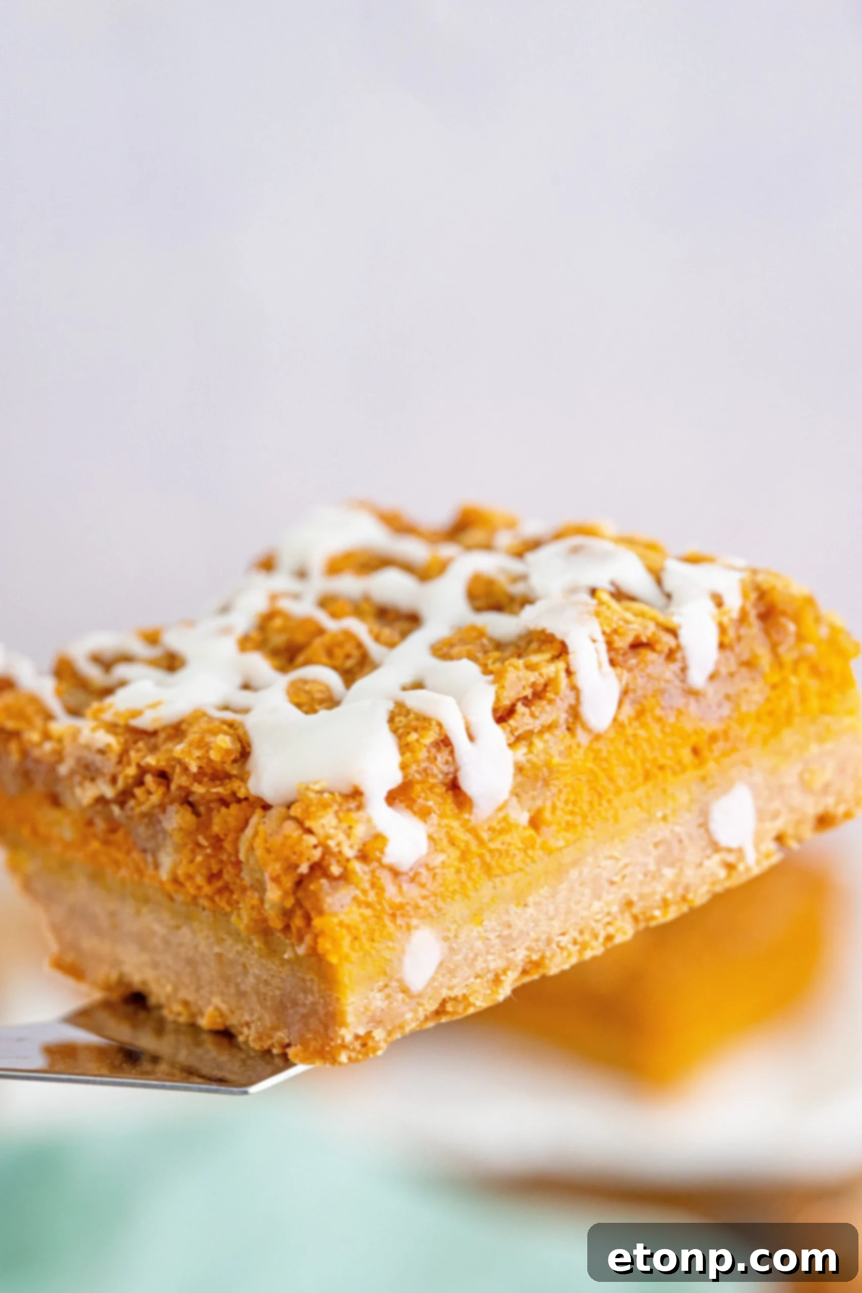 Sweet Autumn Pumpkin Crumble Bars 14 Pumpkin Streusel Bars on a spatula above the pan