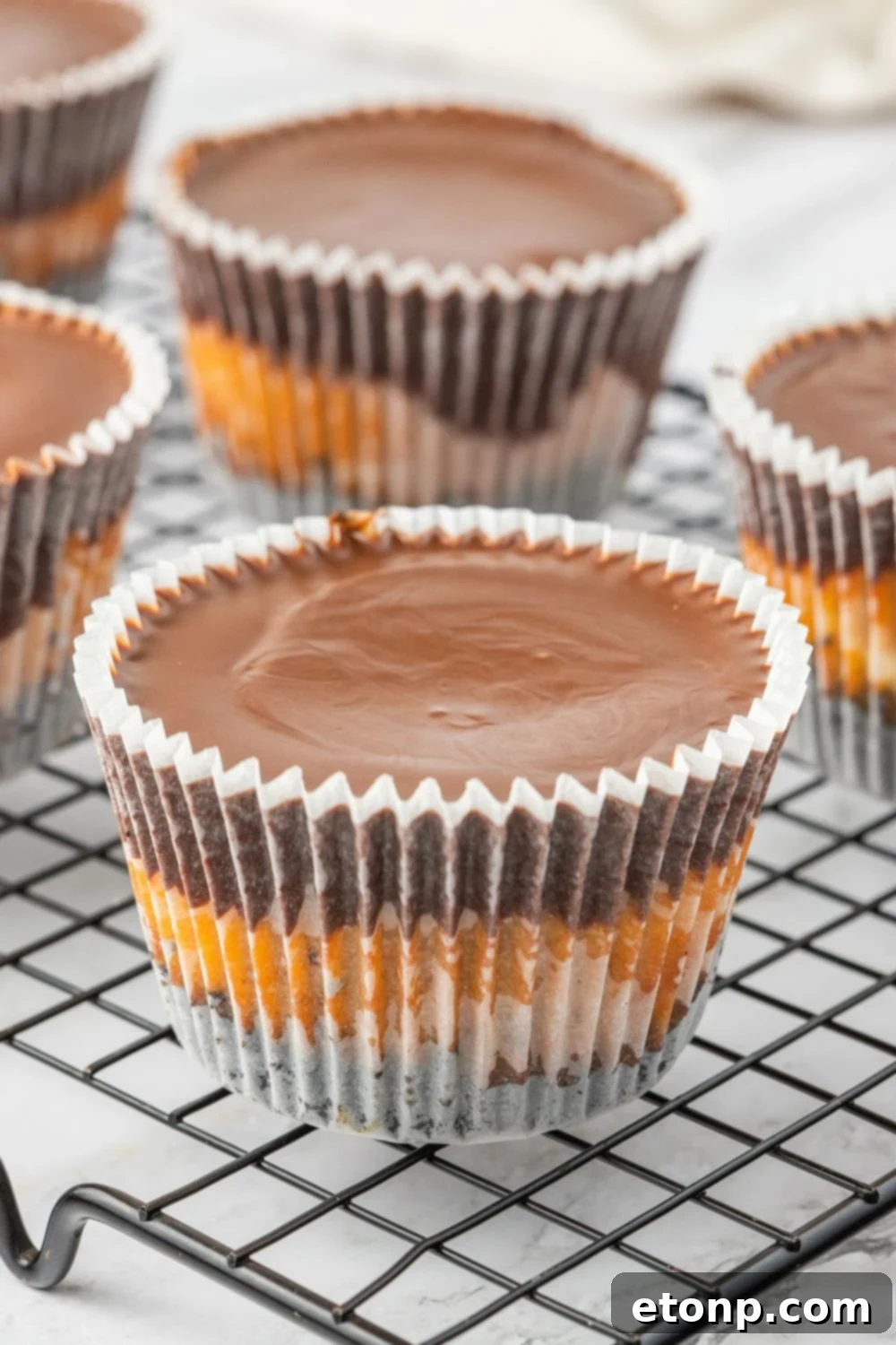 Bite-Sized Peanut Butter Cheesecakes 11 peanut butter cheesecake cups on wire rack, final step