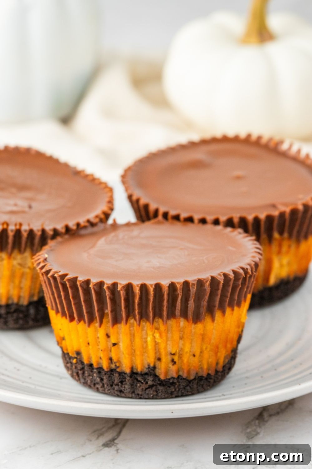 Bite-Sized Peanut Butter Cheesecakes 12 reese cup cheesecakes on plate, showcasing their perfect shape