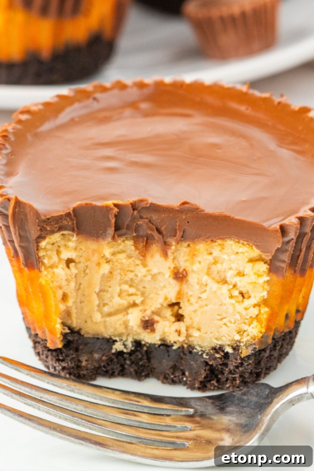 Bite-Sized Peanut Butter Cheesecakes 13 bites taken out of mini cheesecake on plate, revealing the creamy interior