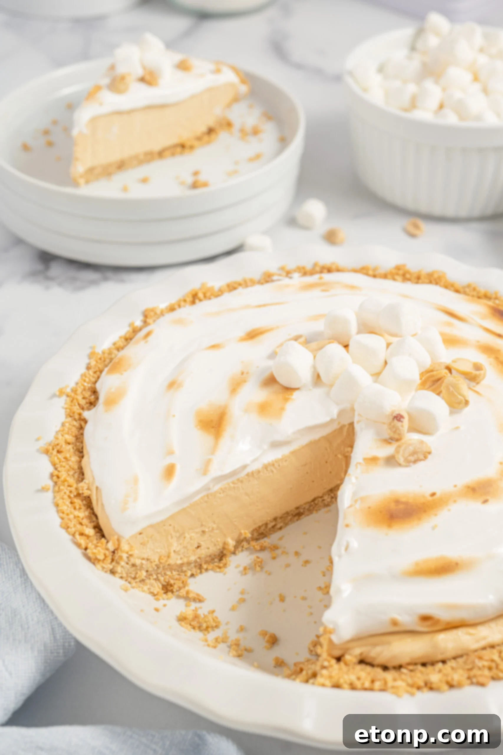 Fluffernutter Pie, a creamy no-bake peanut butter pie with marshmallow meringue